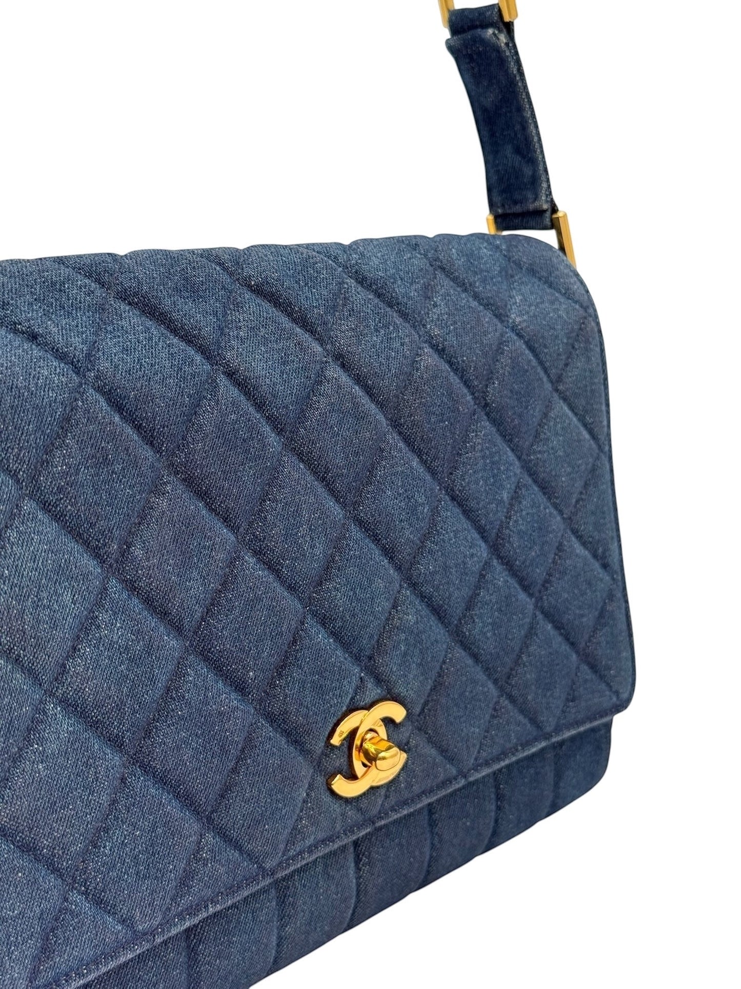 Chanel Vintage 90s Blue Denim Quilted Medium Full Flap Shoulder Bag with 24K GPHW