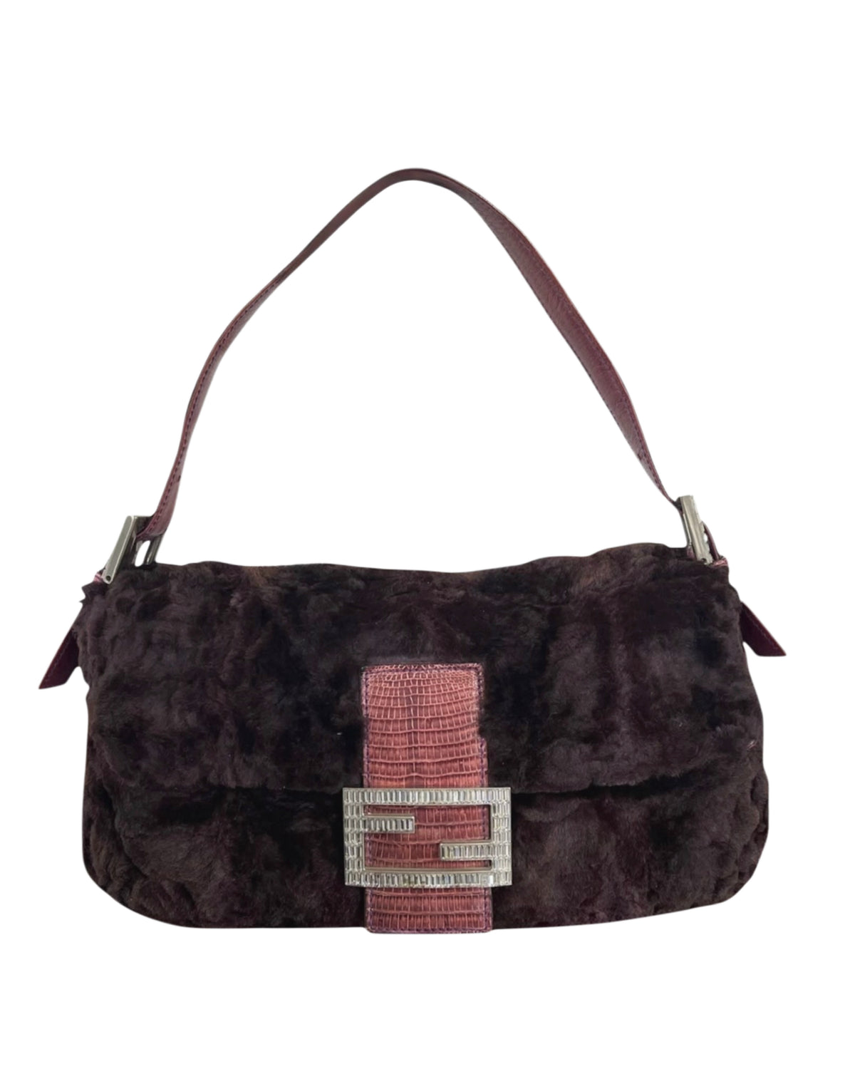Fendi Vintage Purple Rabbit Fur Pink Lizard Trim Crystal Logo Shoulder Baguette Bag