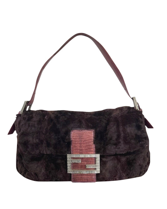 Fendi Vintage Purple Rabbit Fur Pink Lizard Trim Crystal Logo Shoulder Baguette Bag