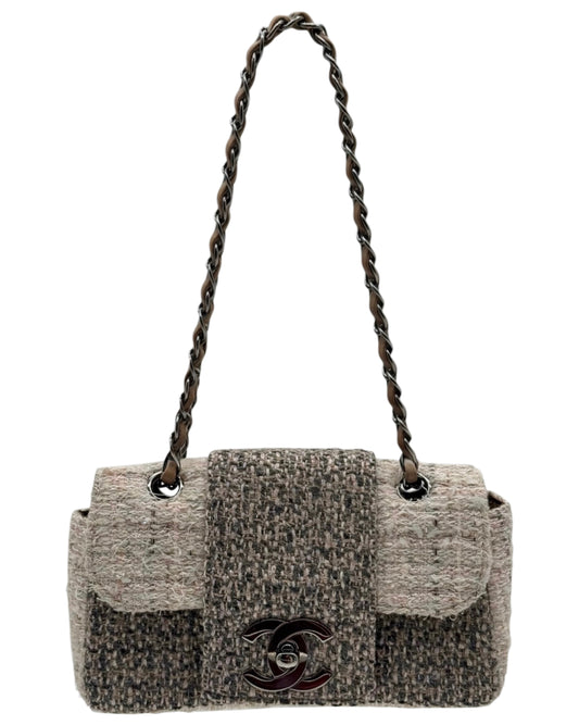 Chanel Vintage 00s Multicolor Gray Tweed Small Flap Bag