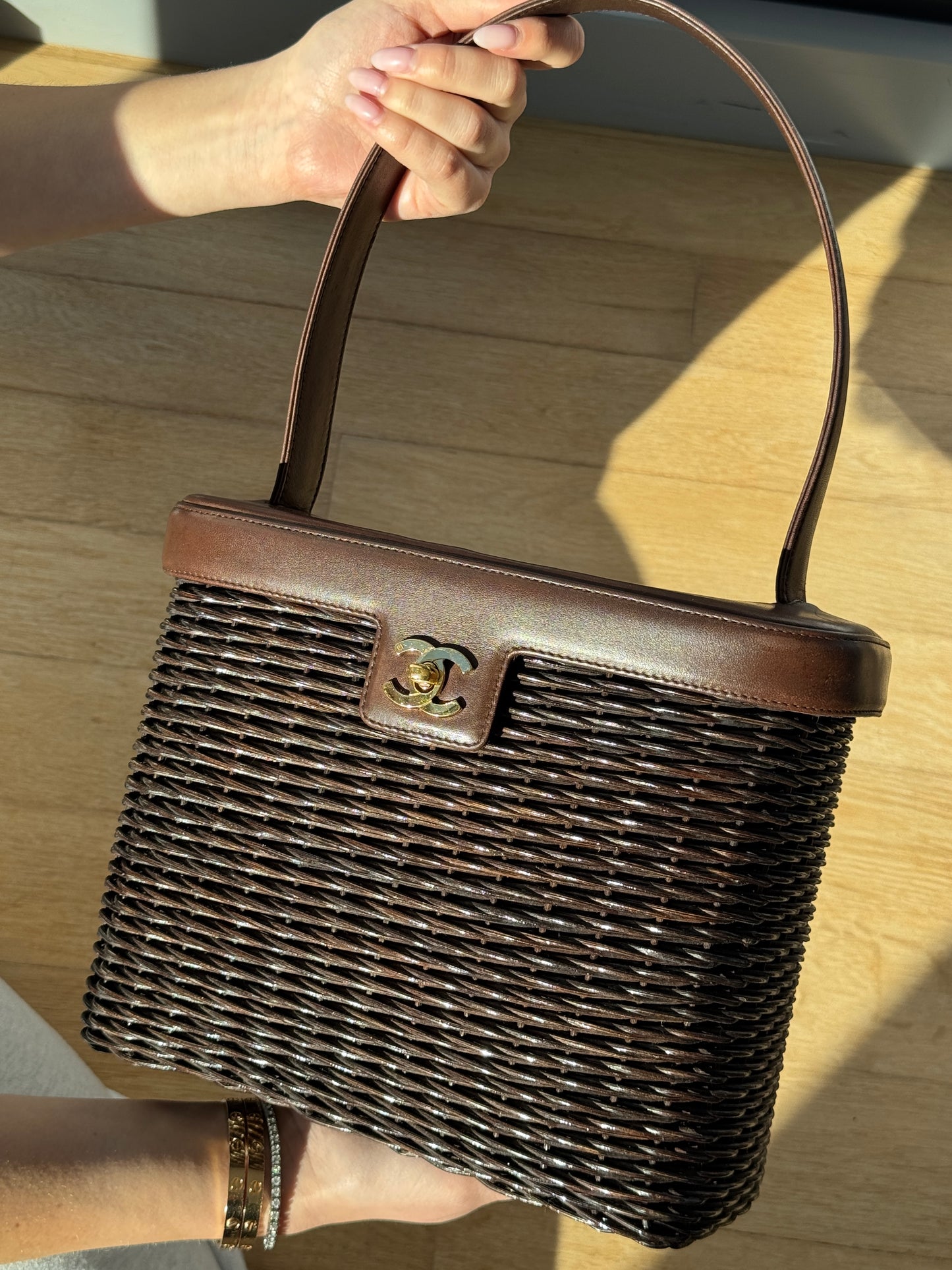 Chanel Vintage 1999 Dark Brown Wicker Rattan Picnic Basket Lambskin Trim Top Handle Shoulder Bag w 24K GPHW