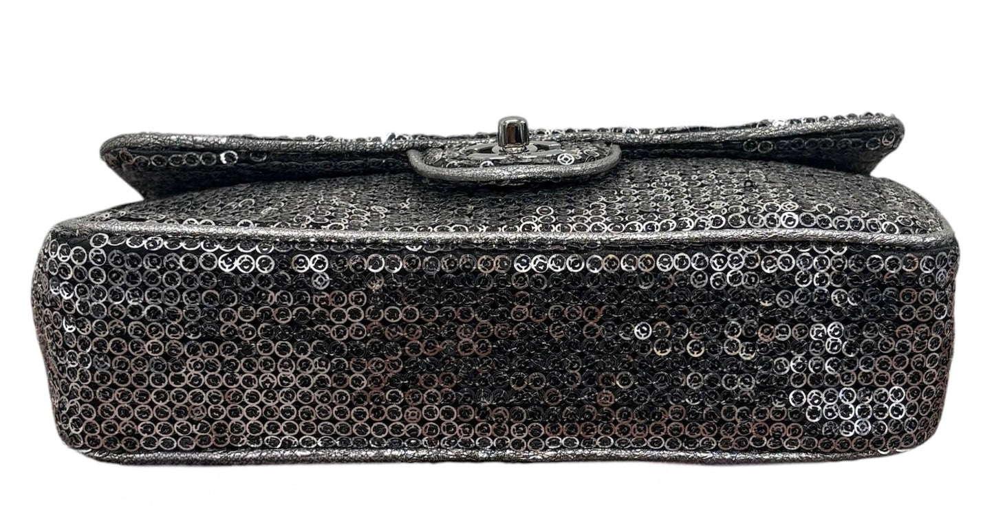 Chanel Vintage 00s Pewter Silver Sequin Medium Classic Single Flap Shoulder Bag