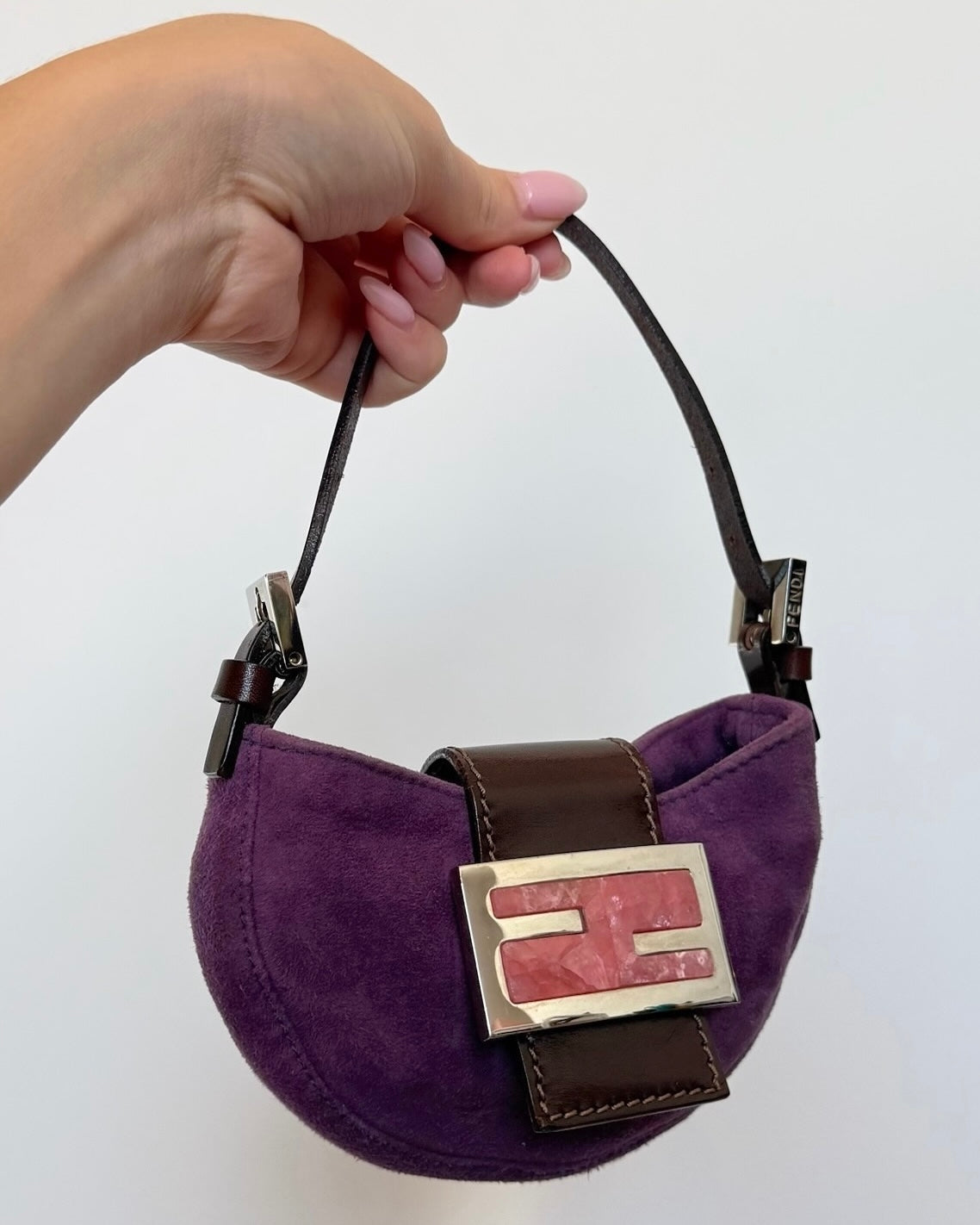 Fendi Vintage Purple Suede Pink Quartz Logo Mini Croissant Baguette Bag