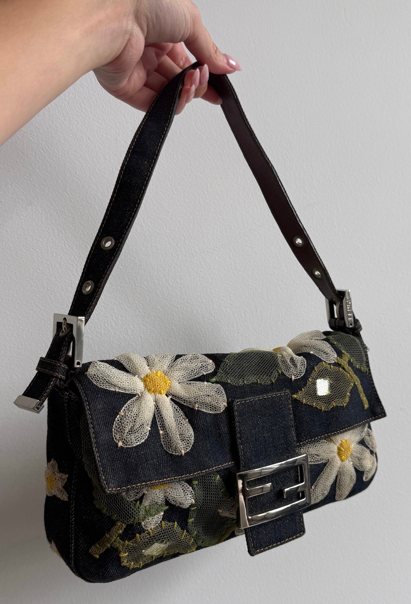 Fendi Vintage Blue Denim Mesh Tulle Daisy Floral Mirror Embellished Shoulder Baguette Bag