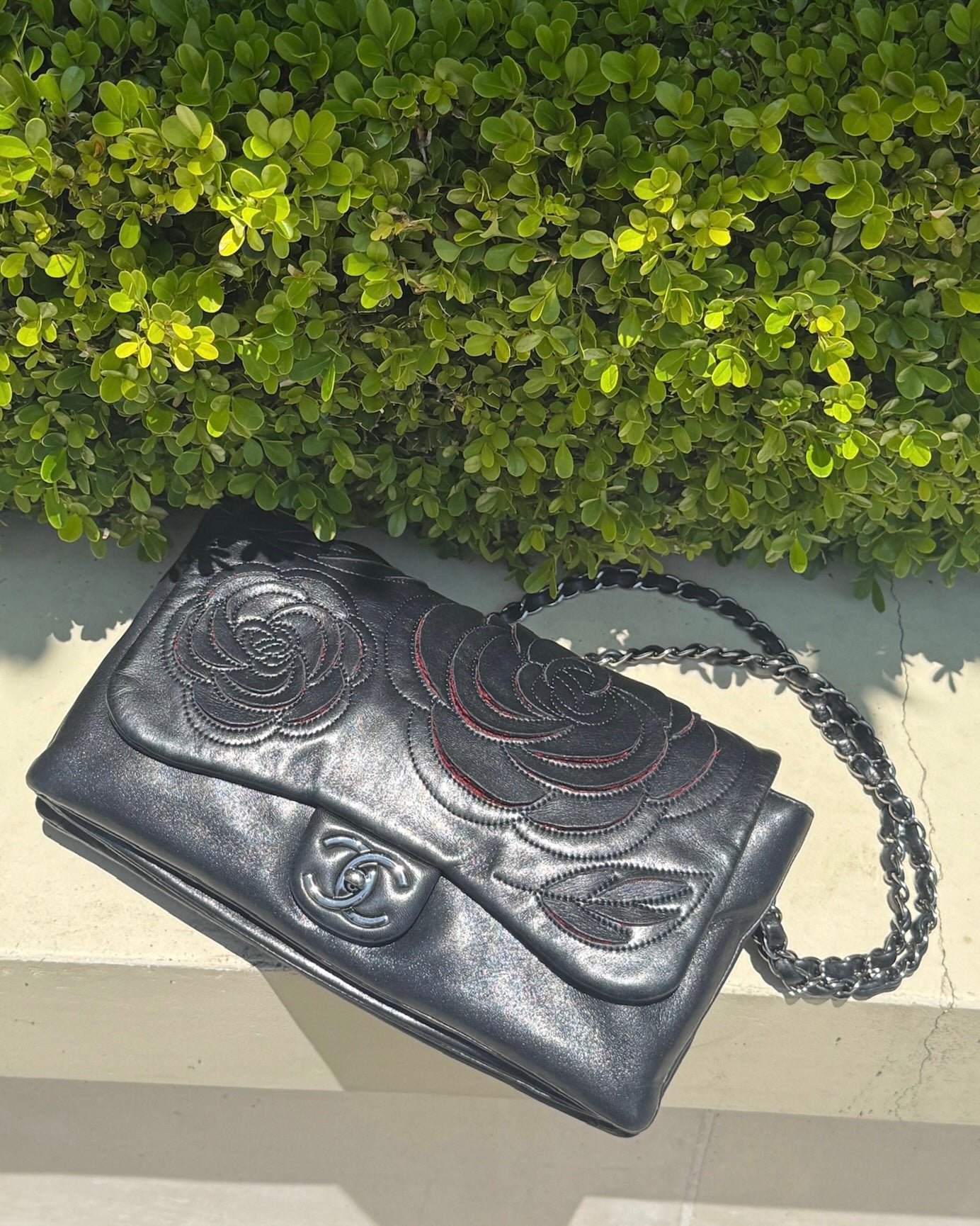 Chanel Black Lambskin Fuchsia Tweed Camelia Large Shoulder Flap Bag