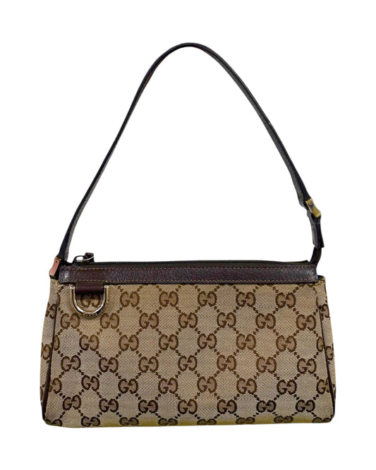 Gucci Vintage Brown GG Monogram Brown Leather Trim Abbey Pochette