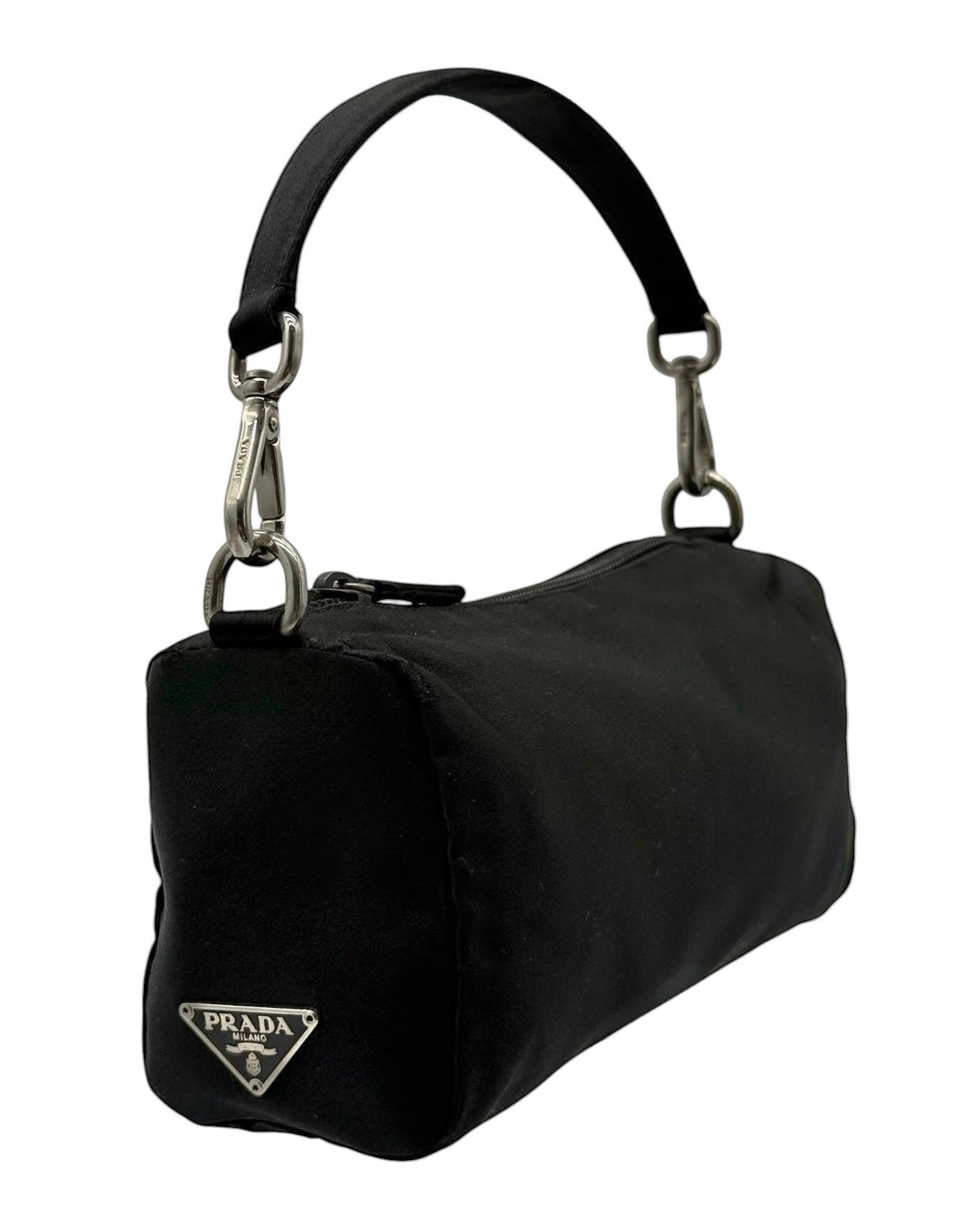Prada Vintage Black Satin Barrel Mini Pochette Evening Bag