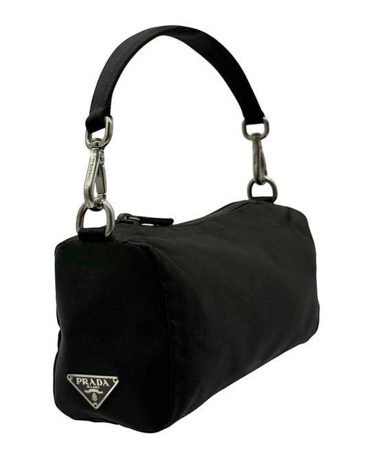 Prada Vintage Black Satin Barrel Mini Pochette Evening Bag