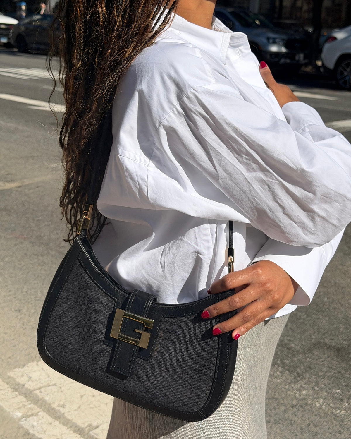 Gucci Vintage Black Canvas Leather Trim G Logo Buckle Shoulder Bag