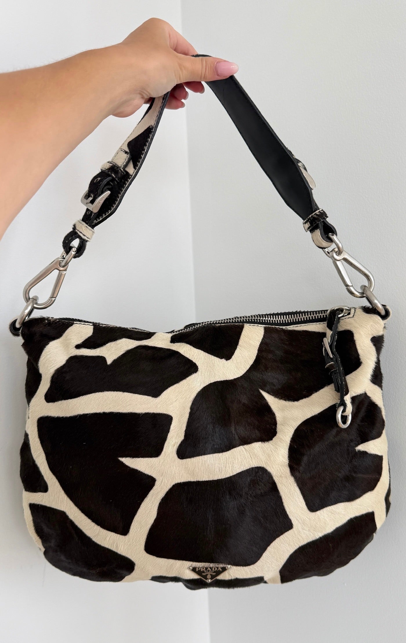 Prada Vintage Black & White Giraffe Print Pony Hair Medium Hobo Shoulder Bag