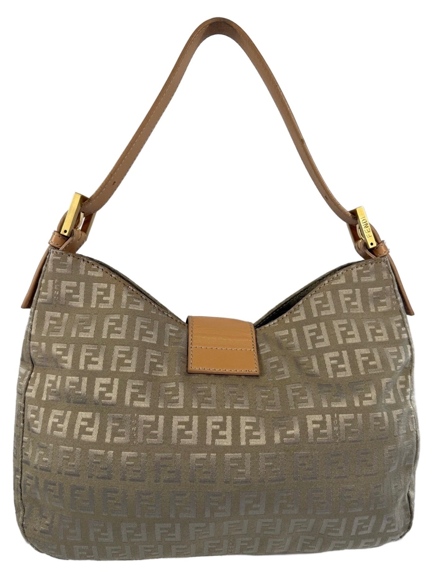 Fendi Vintage Beige Gold Zucca Monogram Hobo Shoulder Baguette Bag