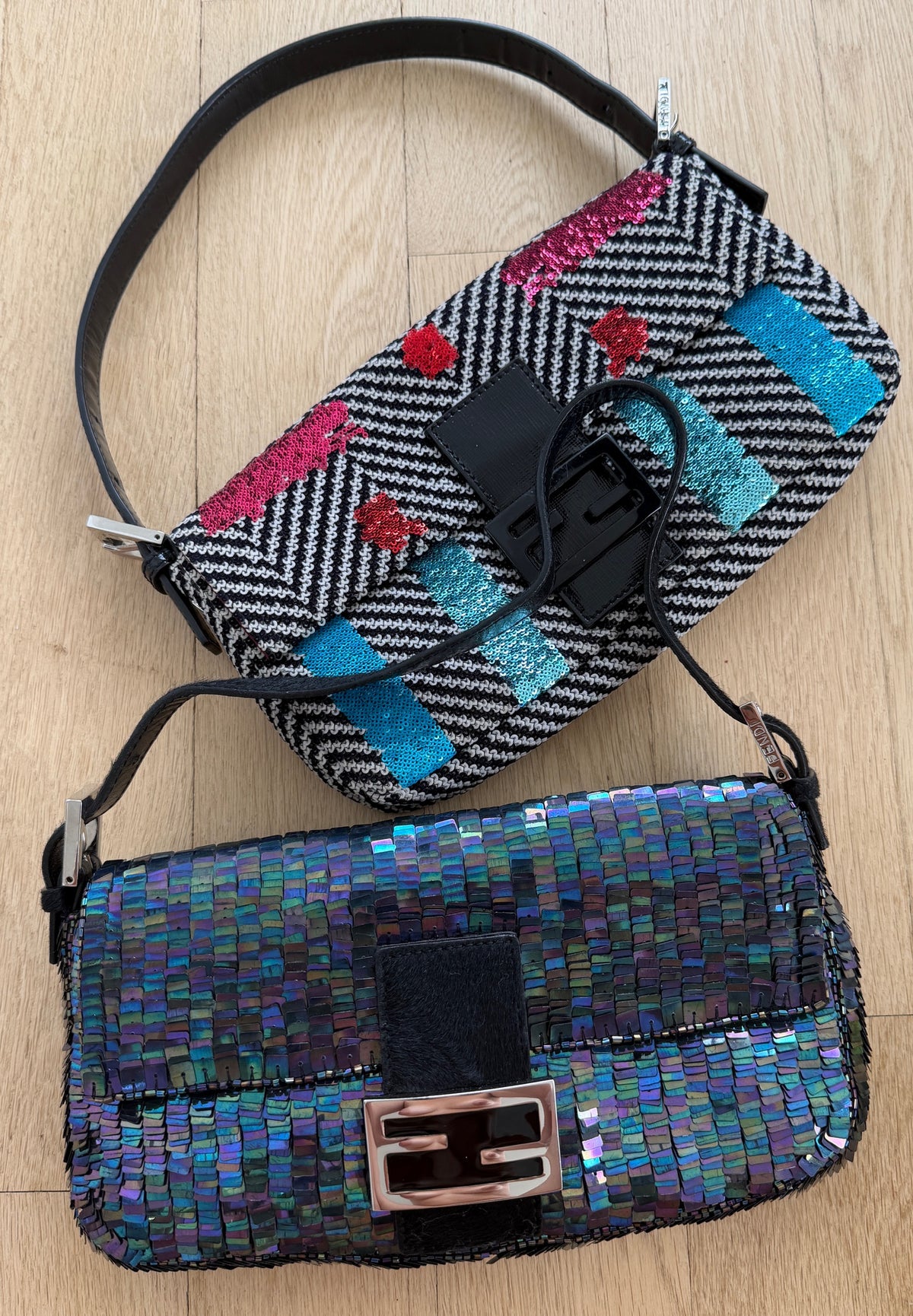 Fendi Black & White Velour Chevron Sequin Multi-color Shoulder Baguette Bag with Black Patent Leather Trim