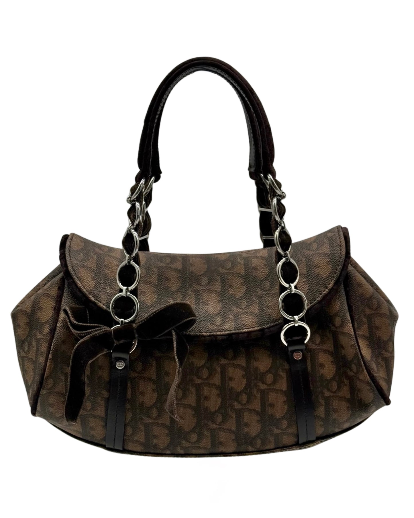 Dior Vintage 2005 Brown Diorissimo Monogram Canvas Small Romantique Velvet Bow Top Handle Bag