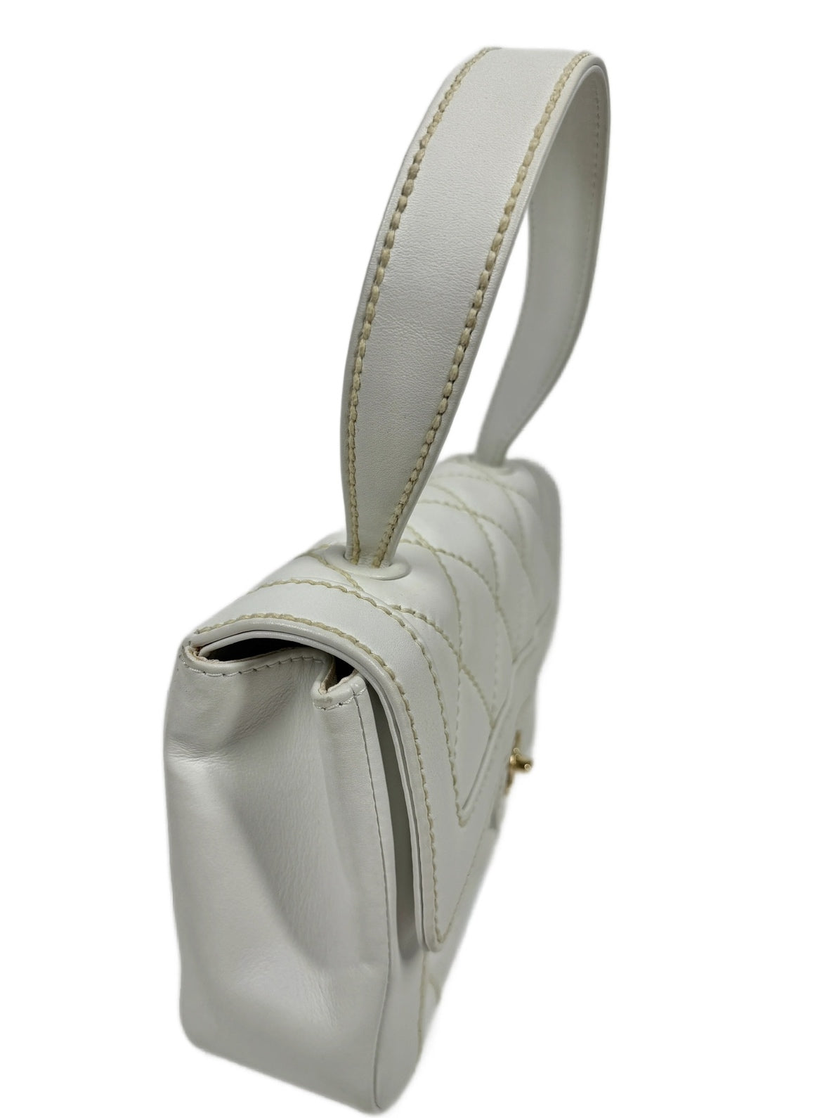 Chanel Vintage 2005 White Quilted Calfskin Leather Wild Stitch Medium Top Handle Classic Flap Bag w 24K Gold Plated Hardware