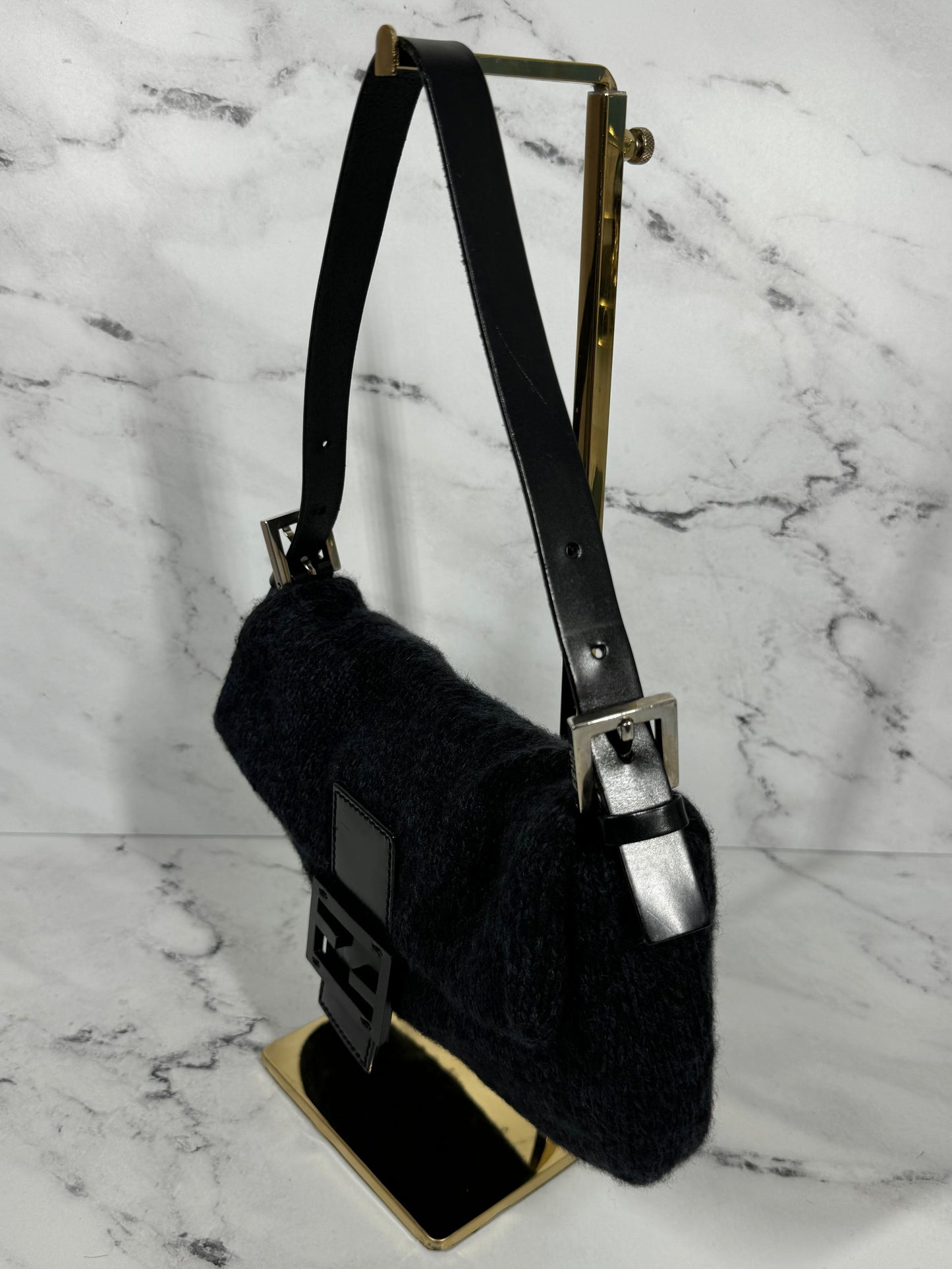 Fendi Vintage Dark Gray & Black Wool Knit Baguette Shoulder Bag