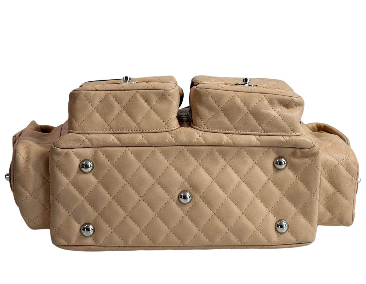 Chanel Vintage 00s Beige Quilted Lambskin Black CC Cambon Large Reporter Shoulder Bag