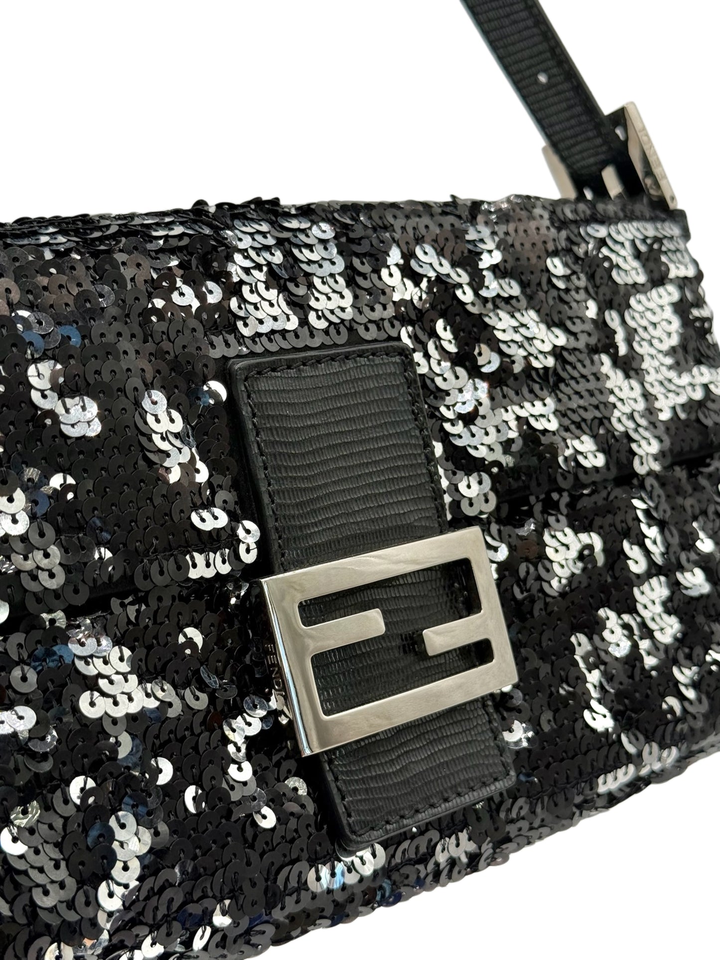 Fendi Vintage Black & Silver Sequin Zucca Monogram Shoulder Baguette Bag w Lizard Trim
