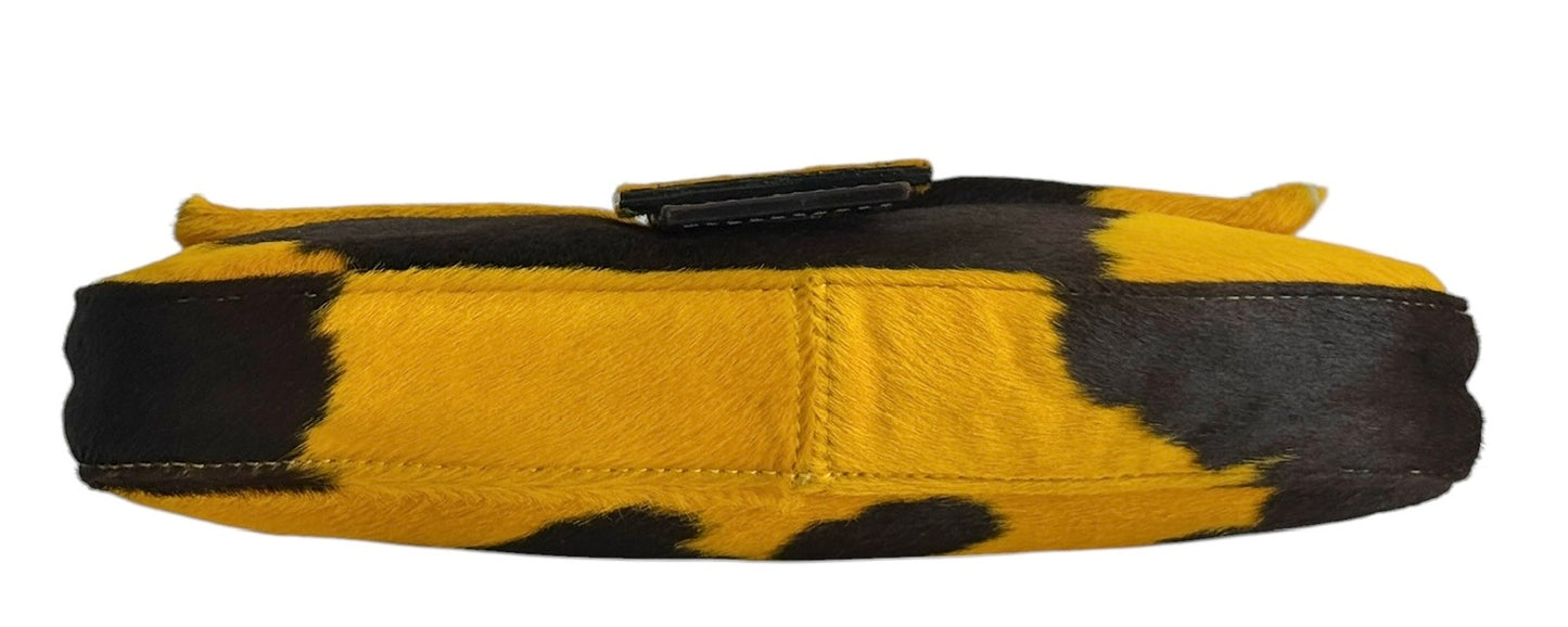 Fendi Vintage Yellow Cow Print Pony Hair Shoulder Baguette Bag