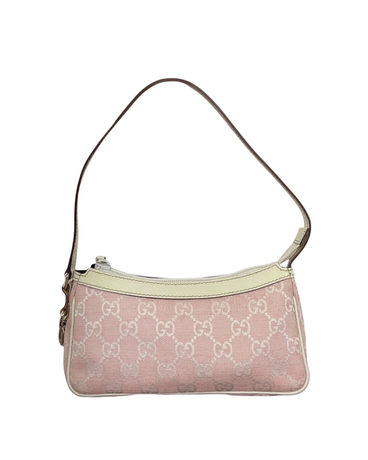 Gucci Vintage Pink GG Monogram White Leather Trim Mini Charmy Shoulder Pochette Bag