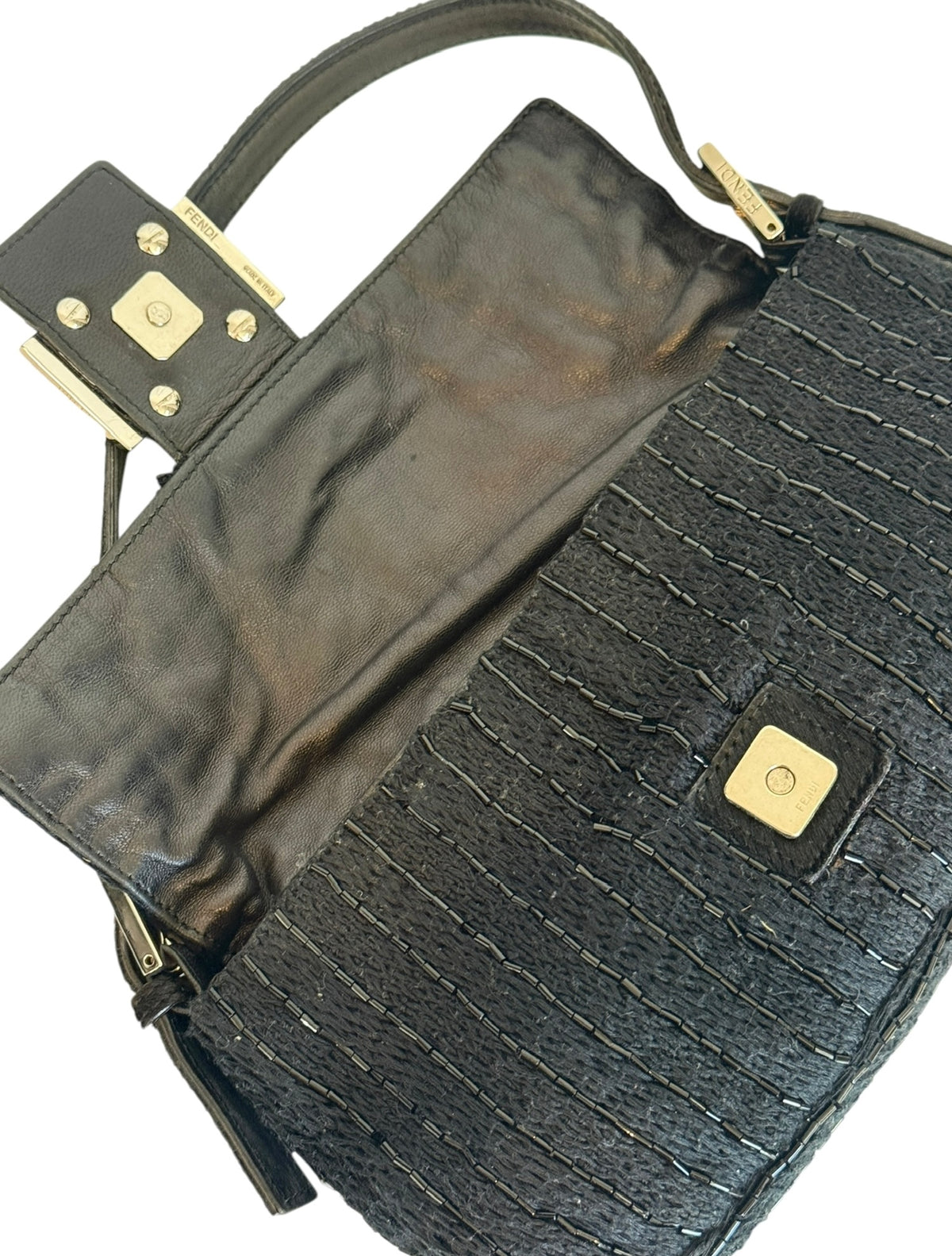 Fendi Vintage Black Knit Striped Beaded Embroidered Shoulder Baguette Bag with Pony Hair Trim