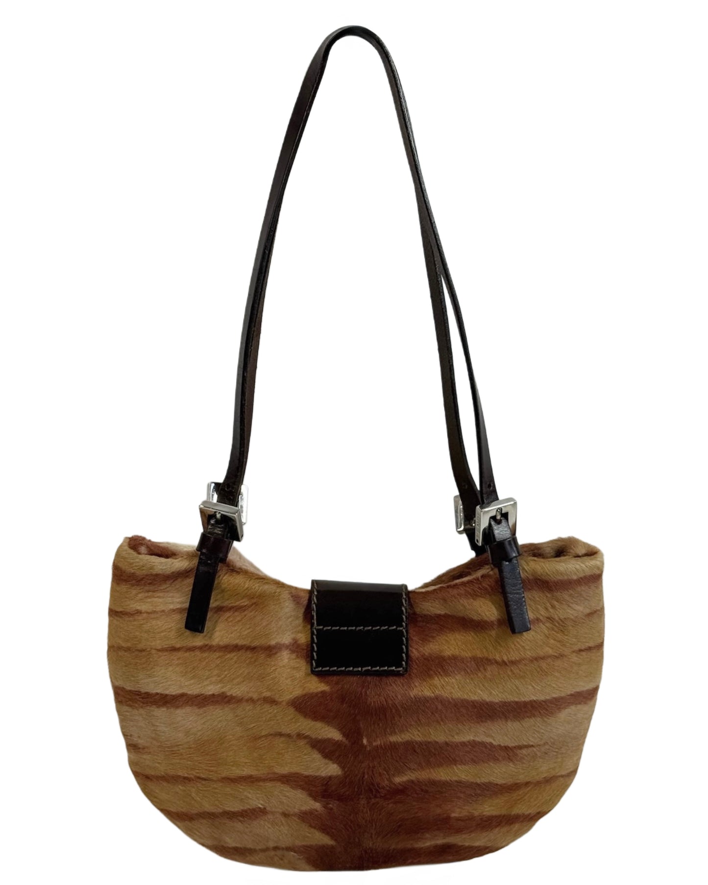Fendi Vintage Brown Animal Print Pony Hair Half Moon Mini Shoulder Baguette Bag