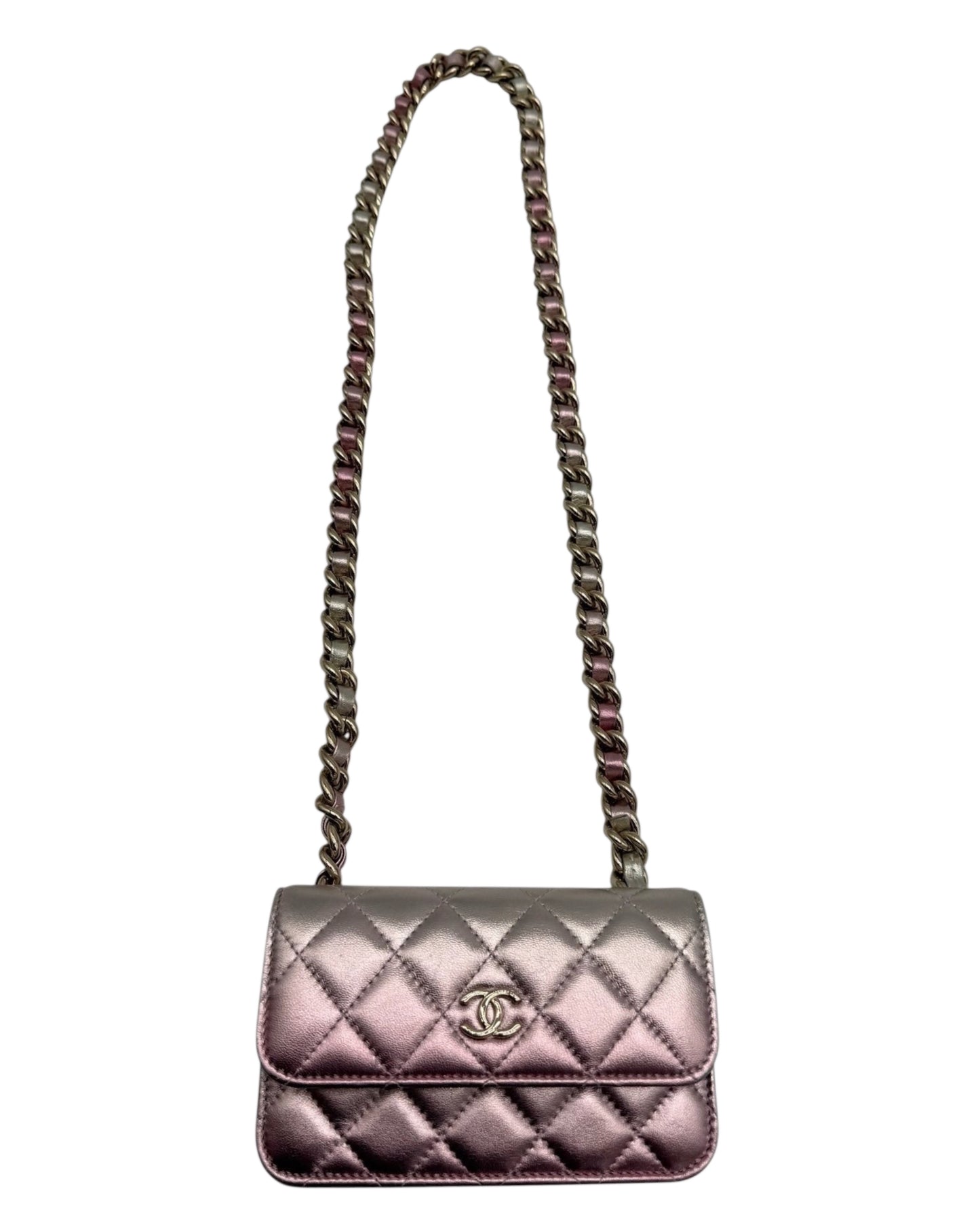 Chanel 2021 Metallic Pink & Silver Quilted Lambskin Coco Punk Clutch with Chain Mini Bag
