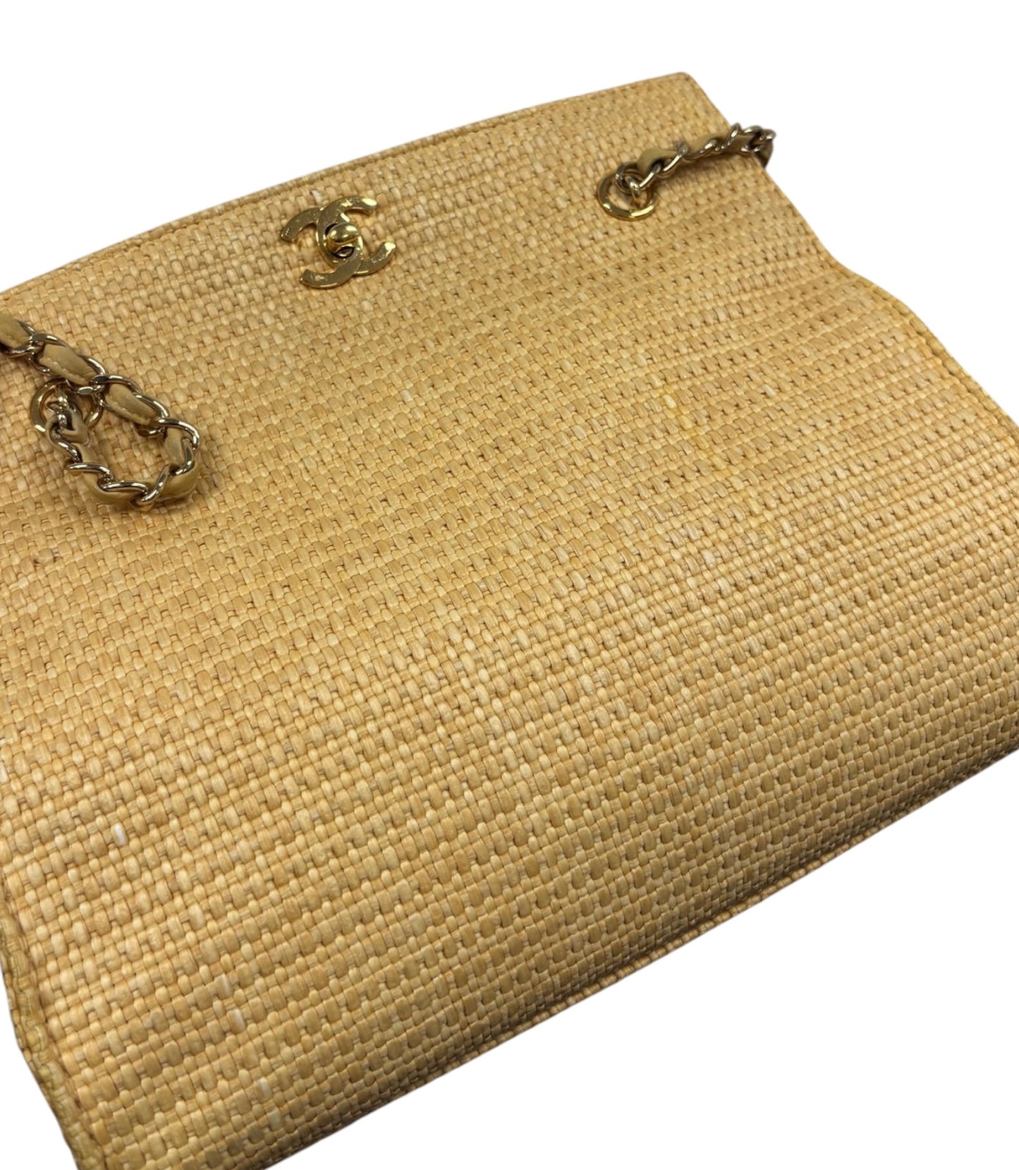 Chanel Vintage 2000 Beige Raffia Turnlock Shoulder Tote Bag with 24K Gold Plated Hardware 