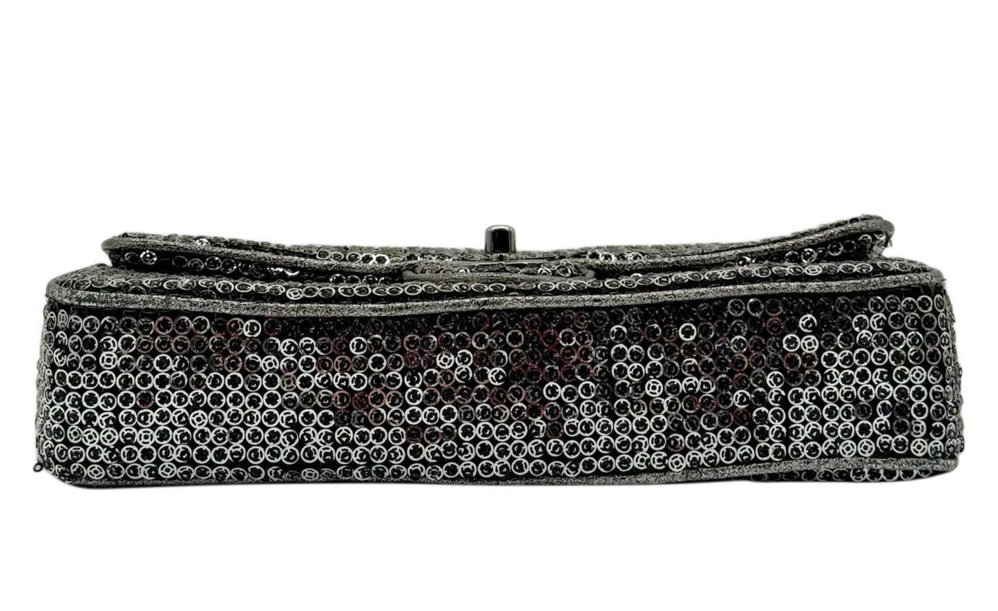 Chanel Vintage Pewter Silver Sequin East West Classic Flap Shoulder Bag