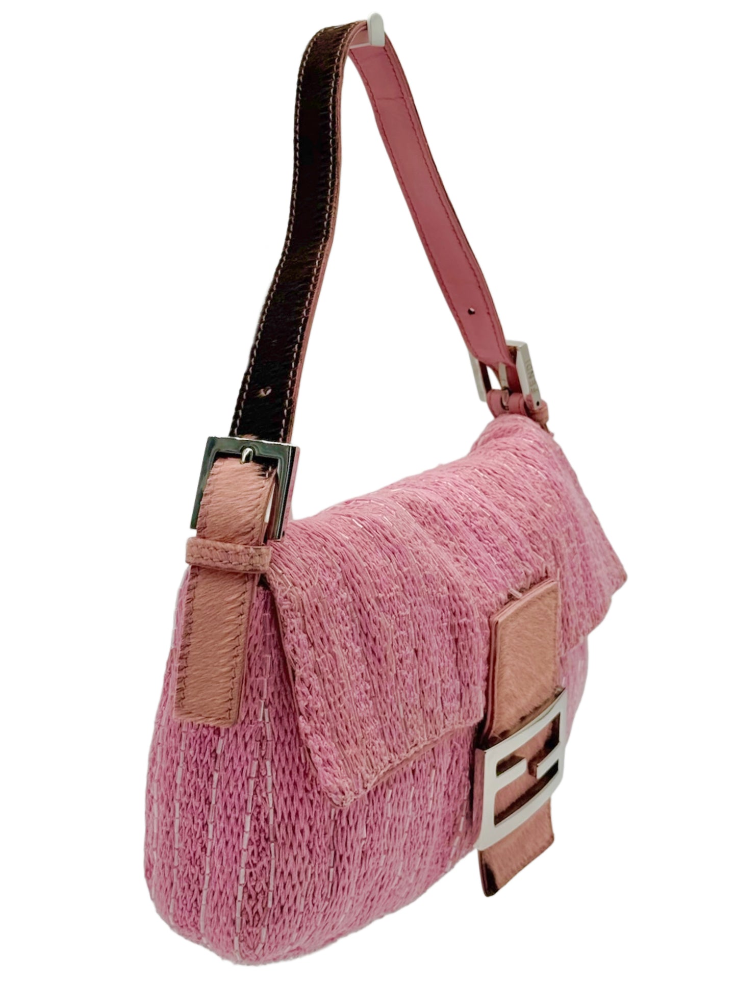 Fendi Vintage Pink Knit Silver Beaded Shoulder Baguette Bag w Cow Print Pony Hair Trim