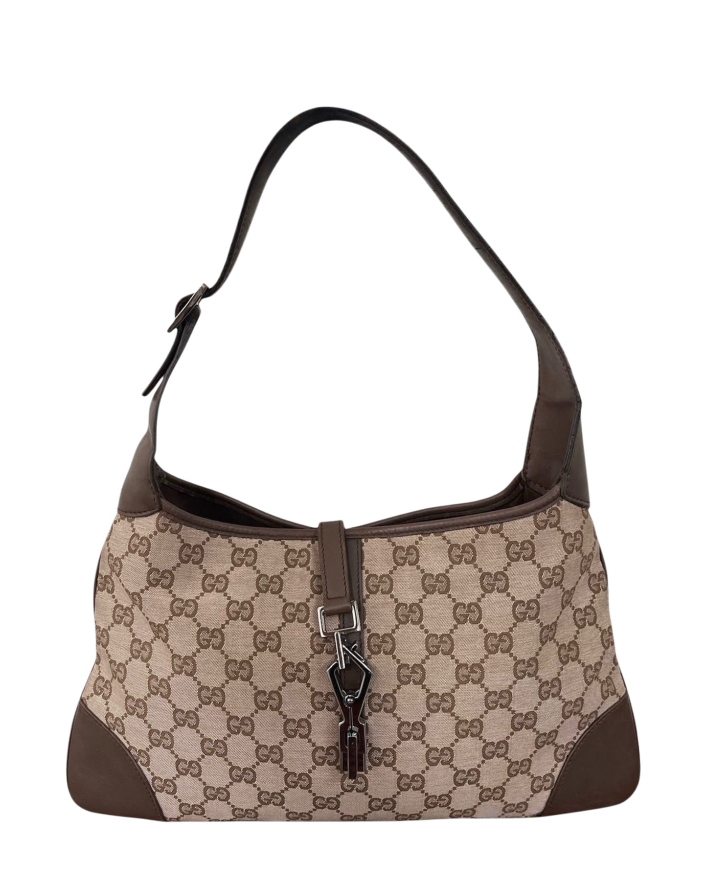 Gucci Vintage Light Brown Satin GG Monogram Medium Jackie Shoulder Bag