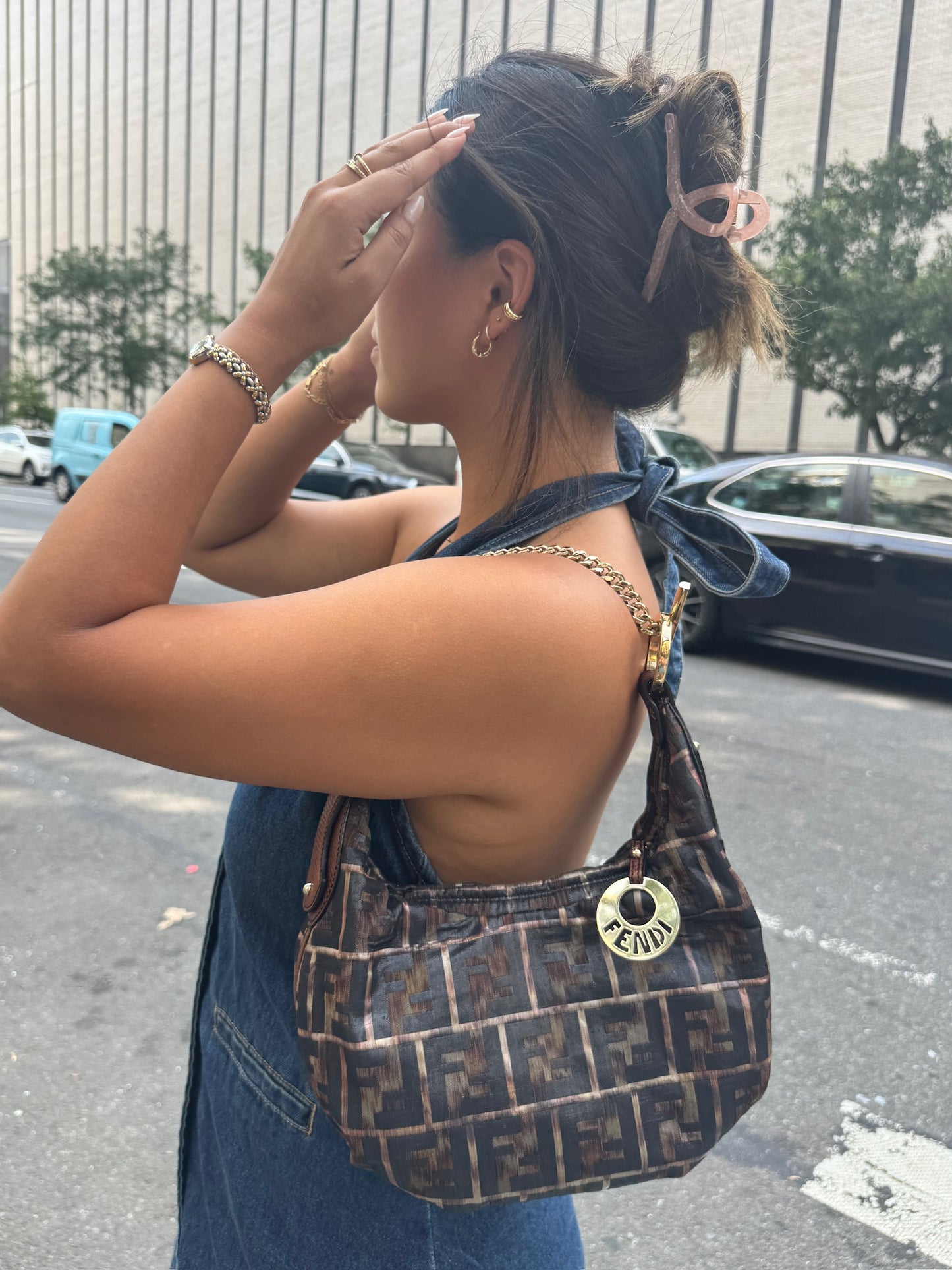 Fendi Brown & Black Metallic Zucca Monogram Canvas Chef Hobo Mini Shoulder Chain Bag