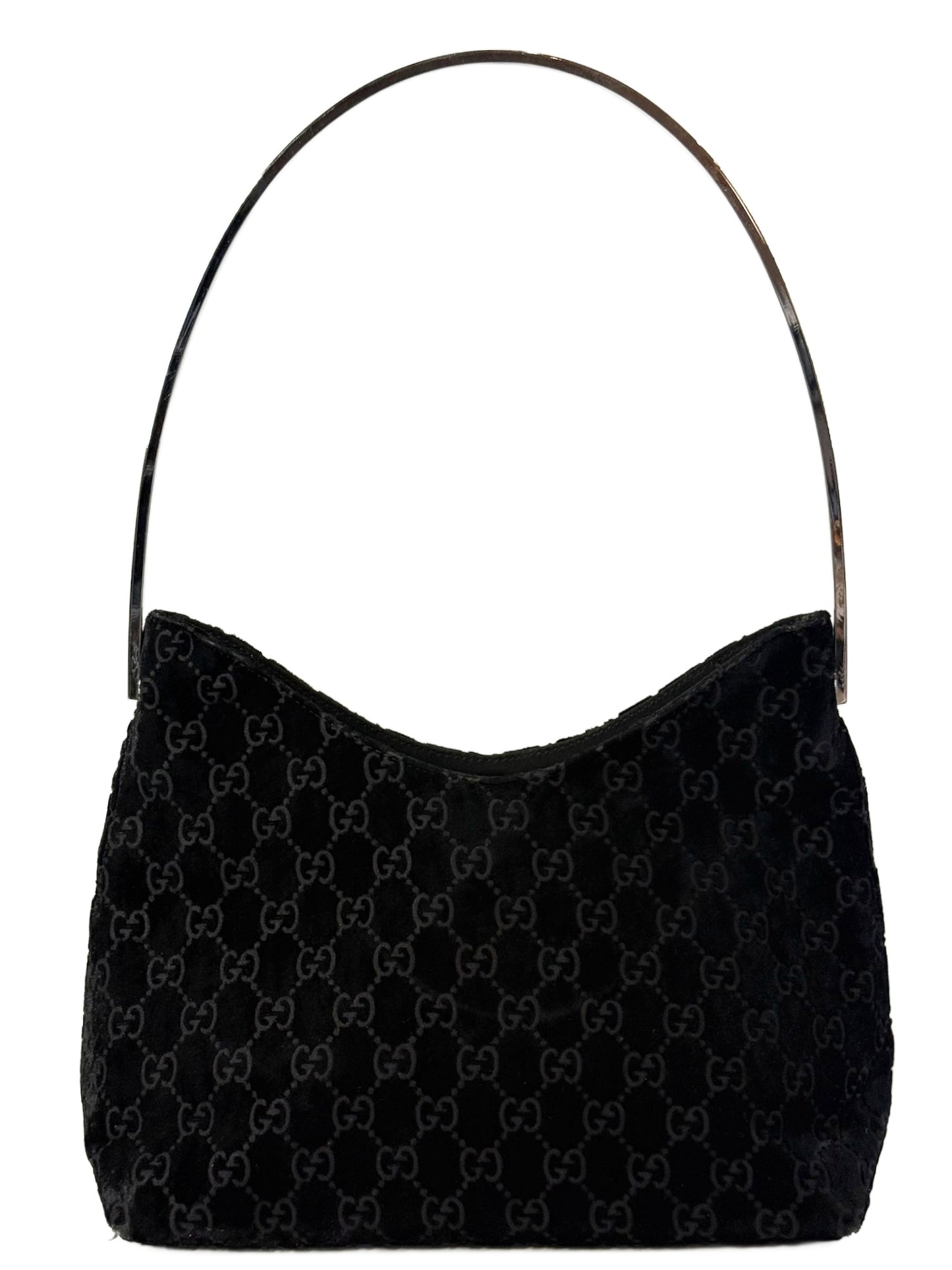 Gucci by Tom Ford Vintage Black Velour GG Monogram Metal Handle Bag
