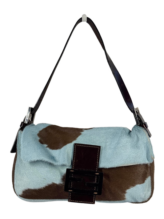 Fendi Vintage Blue & Brown Cow Animal Print Pony Hair Shoulder Baguette Bag 