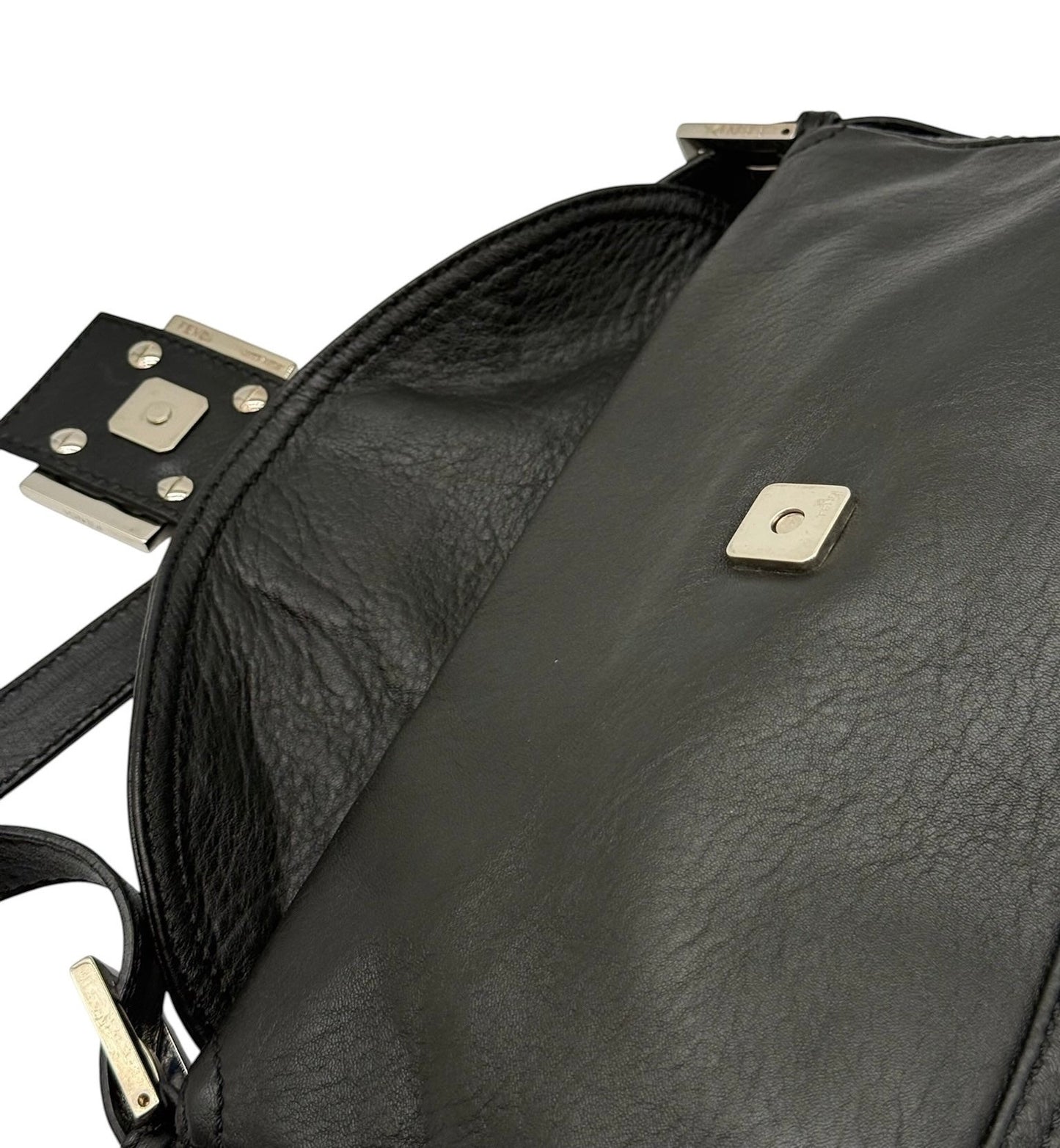 Fendi Vintage Black Selleria Leather Double Flap Shoulder Baguette Bag