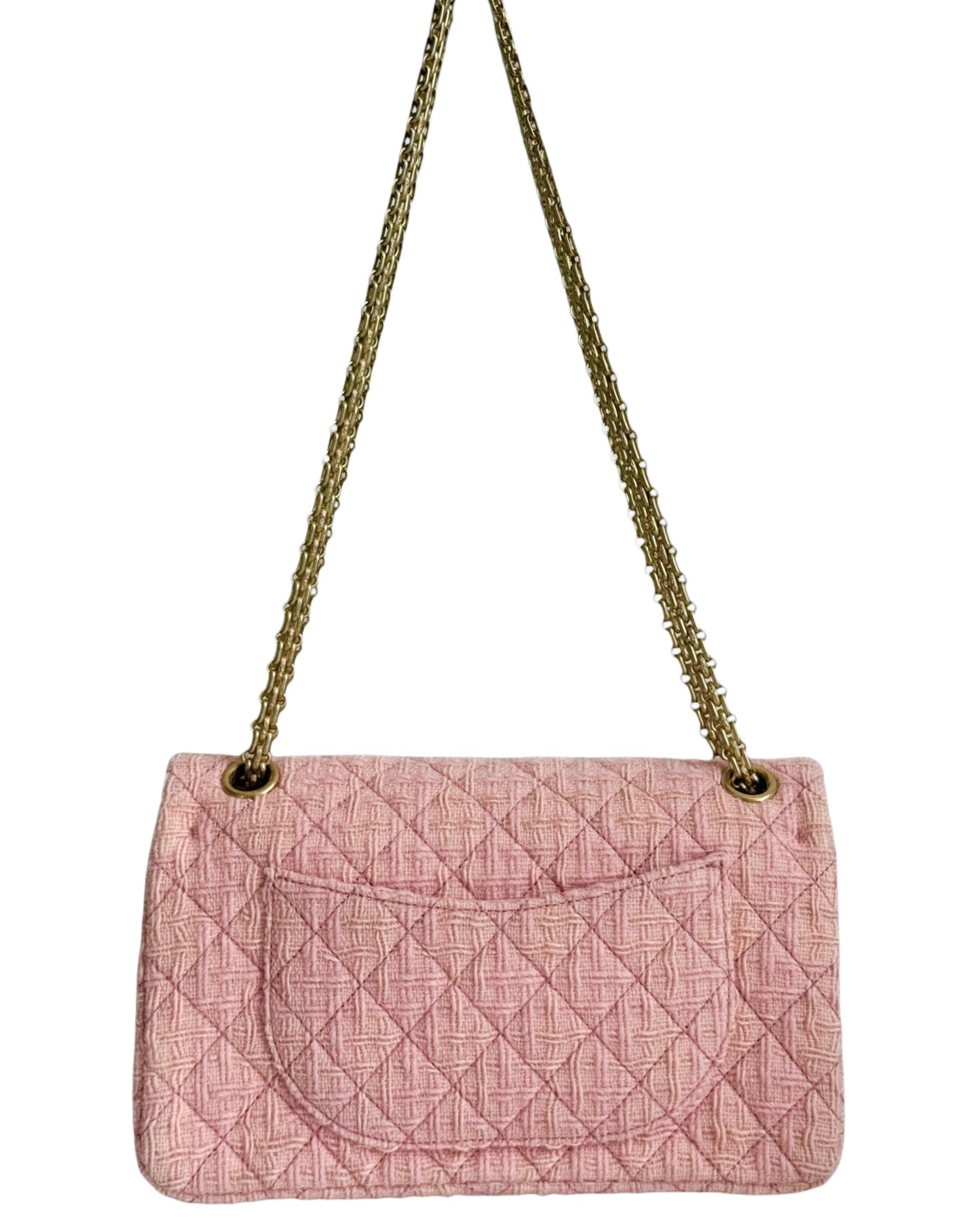 Chanel Light Pink Tweed 2.55 Reissue Medium Double Flap Bag with Aged Gold Hardware
