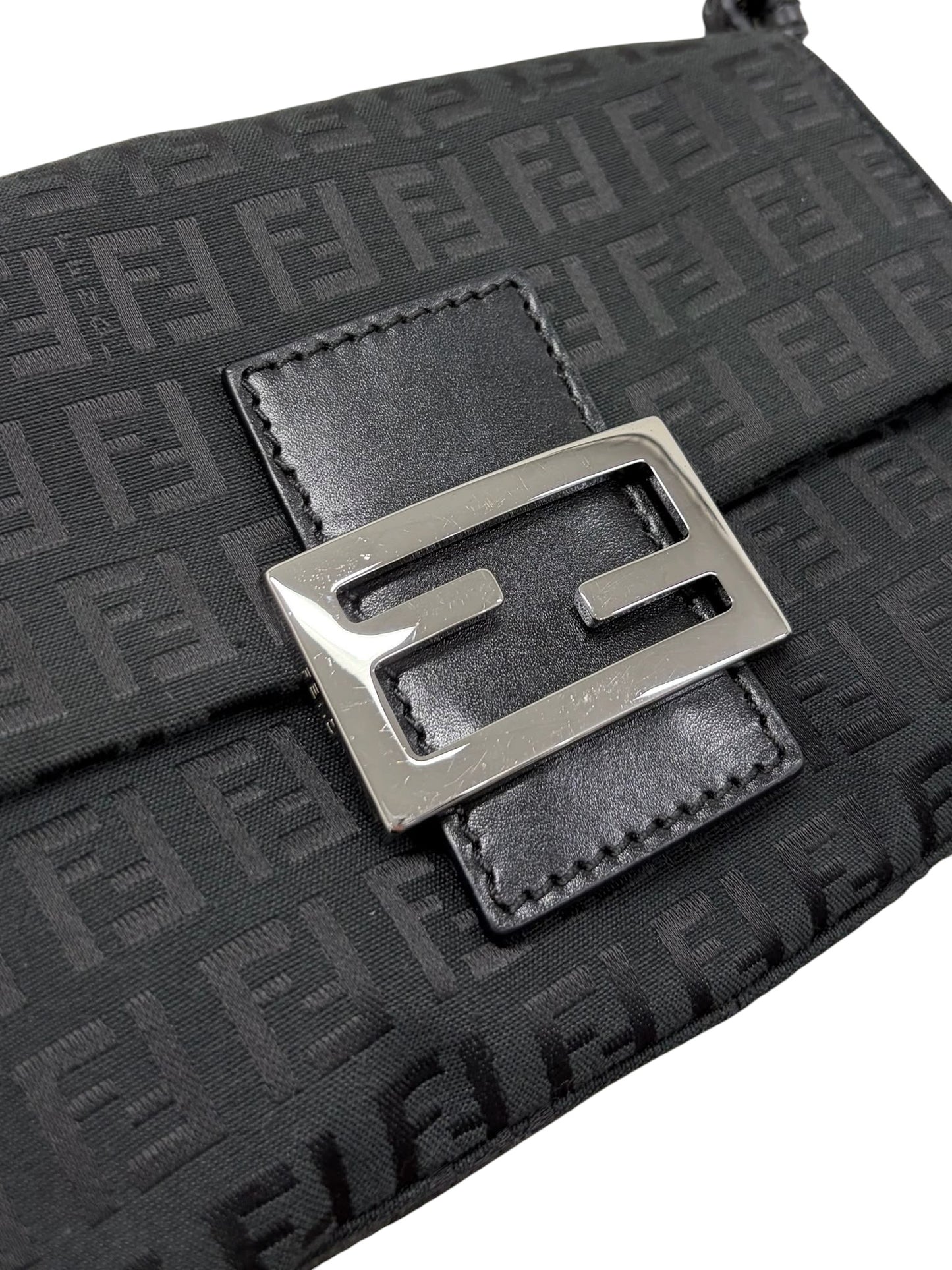 Fendi Vintage Black Zucchino Zucca Monogram Mini Mamma Shoulder Baguette Bag 