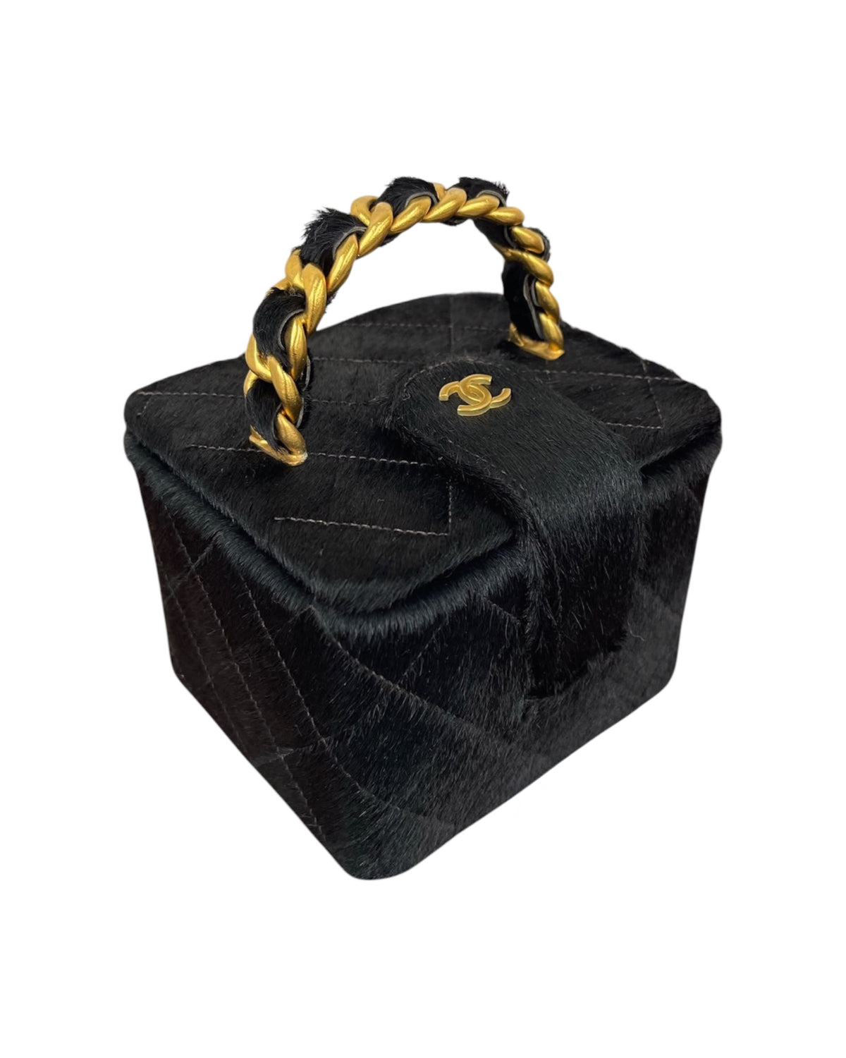 Chanel Vintage Early 90s Black Quilted Pony Hair Vanity Trunk Top Handle Clutch with AGHW