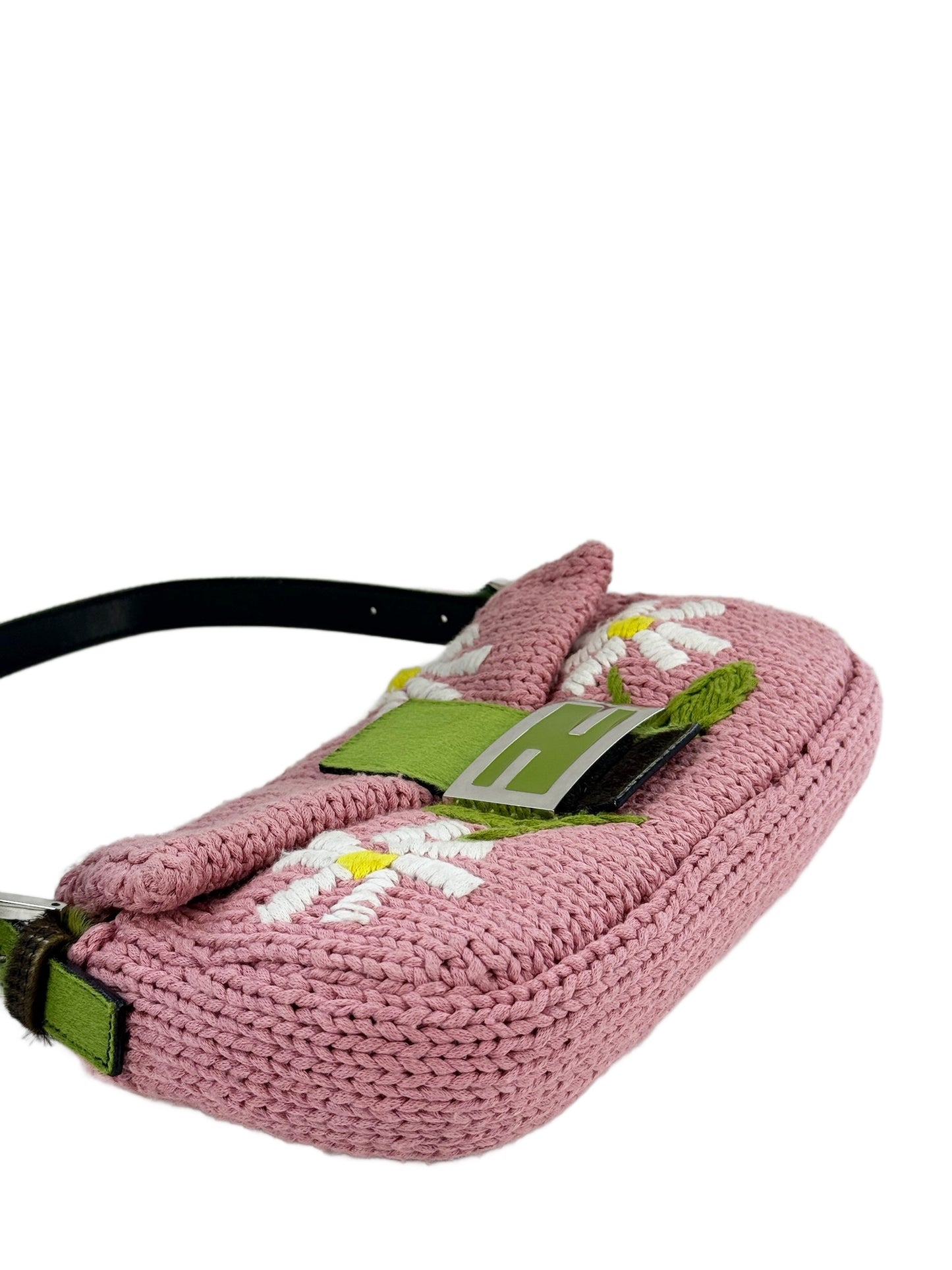 Fendi Vintage Pink Knit Crochet Floral Embroidered Green Cow Print Pony Hair Trim Shoulder Baguette Bag