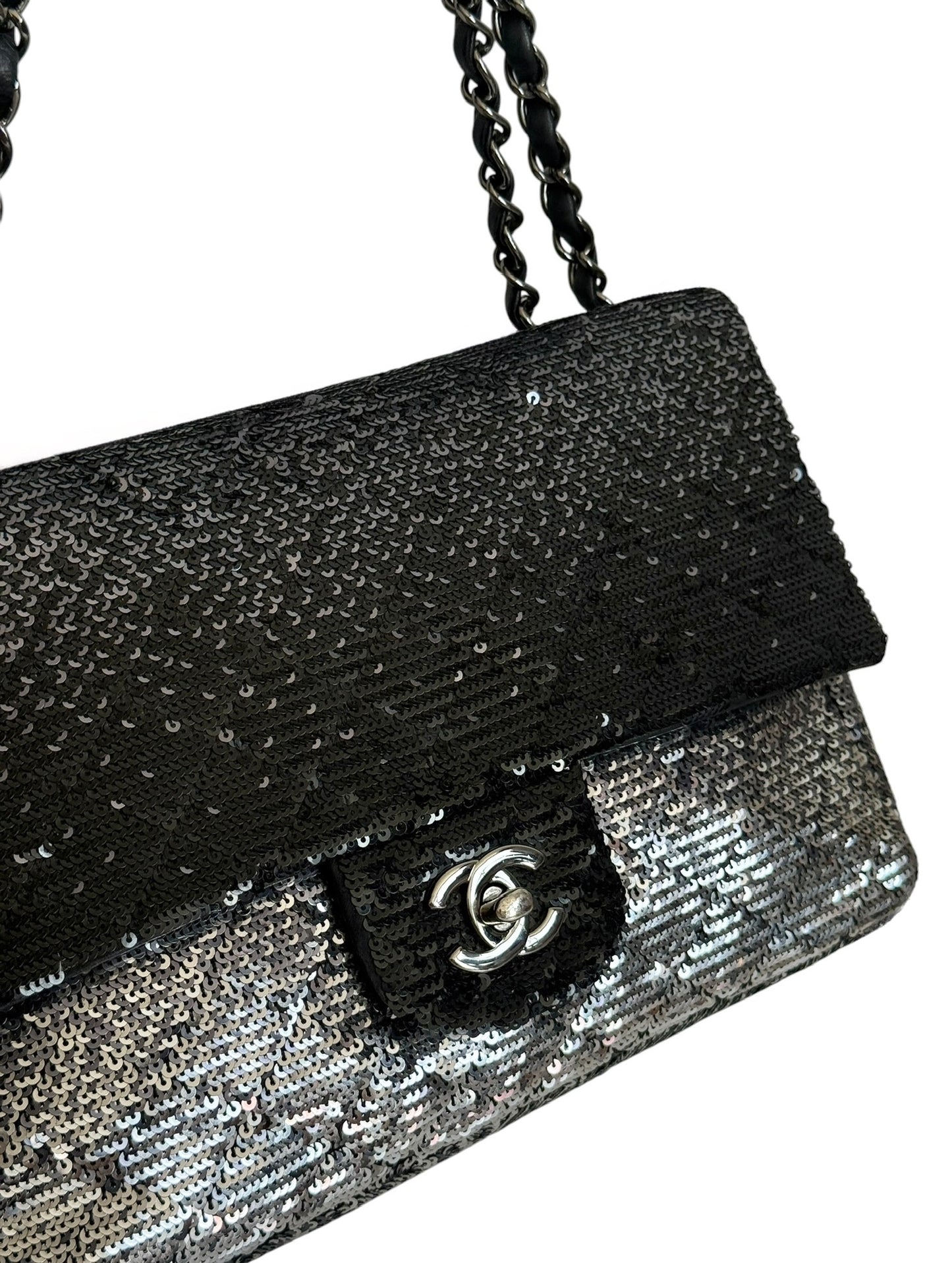 Chanel 2015 Gradient Black & Silver Sequin Quilted Medium Classic Single Flap Bag