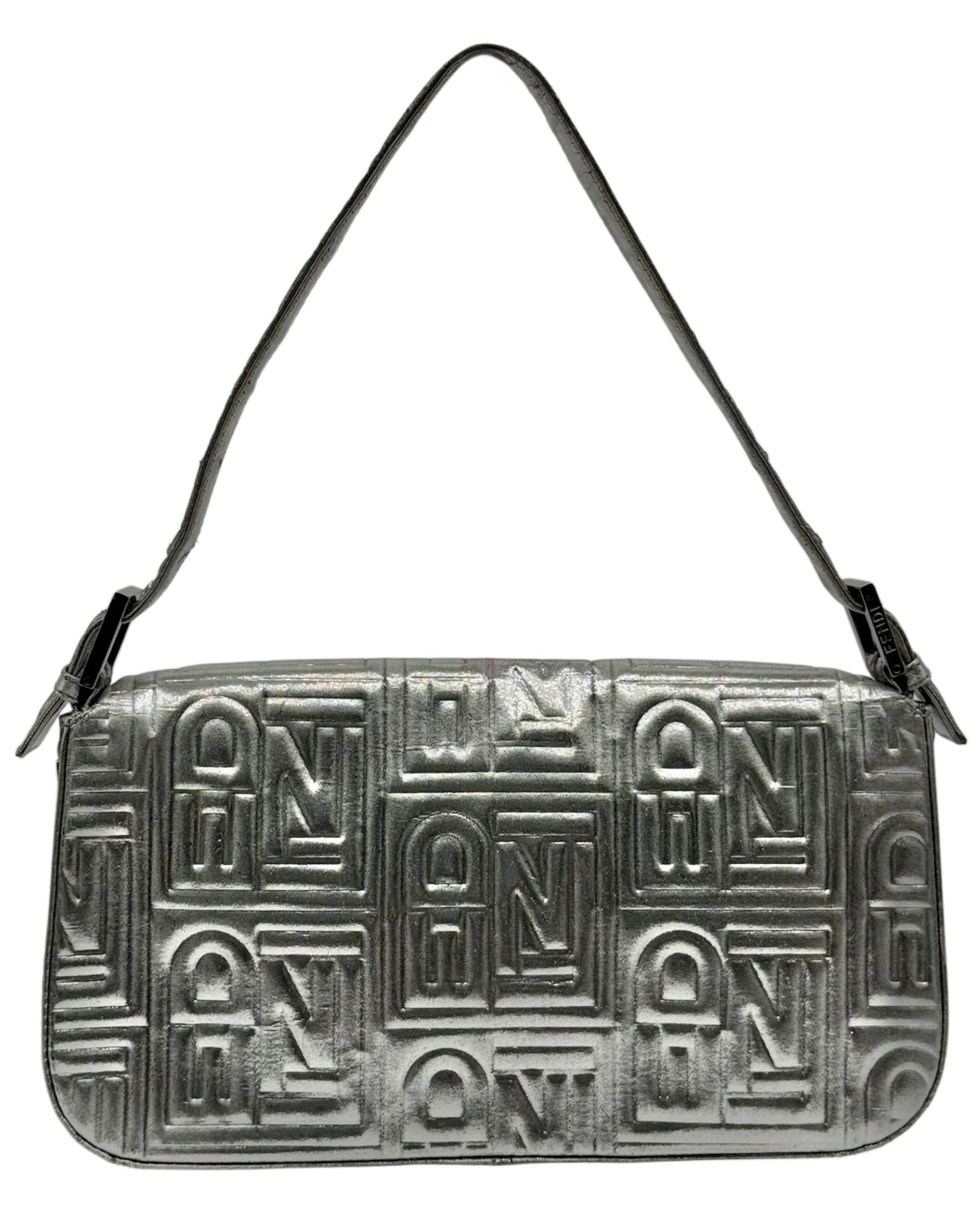 Fendi Vintage Metallic Silver Nappa Embossed Logo Mesh Shoulder Baguette Bag