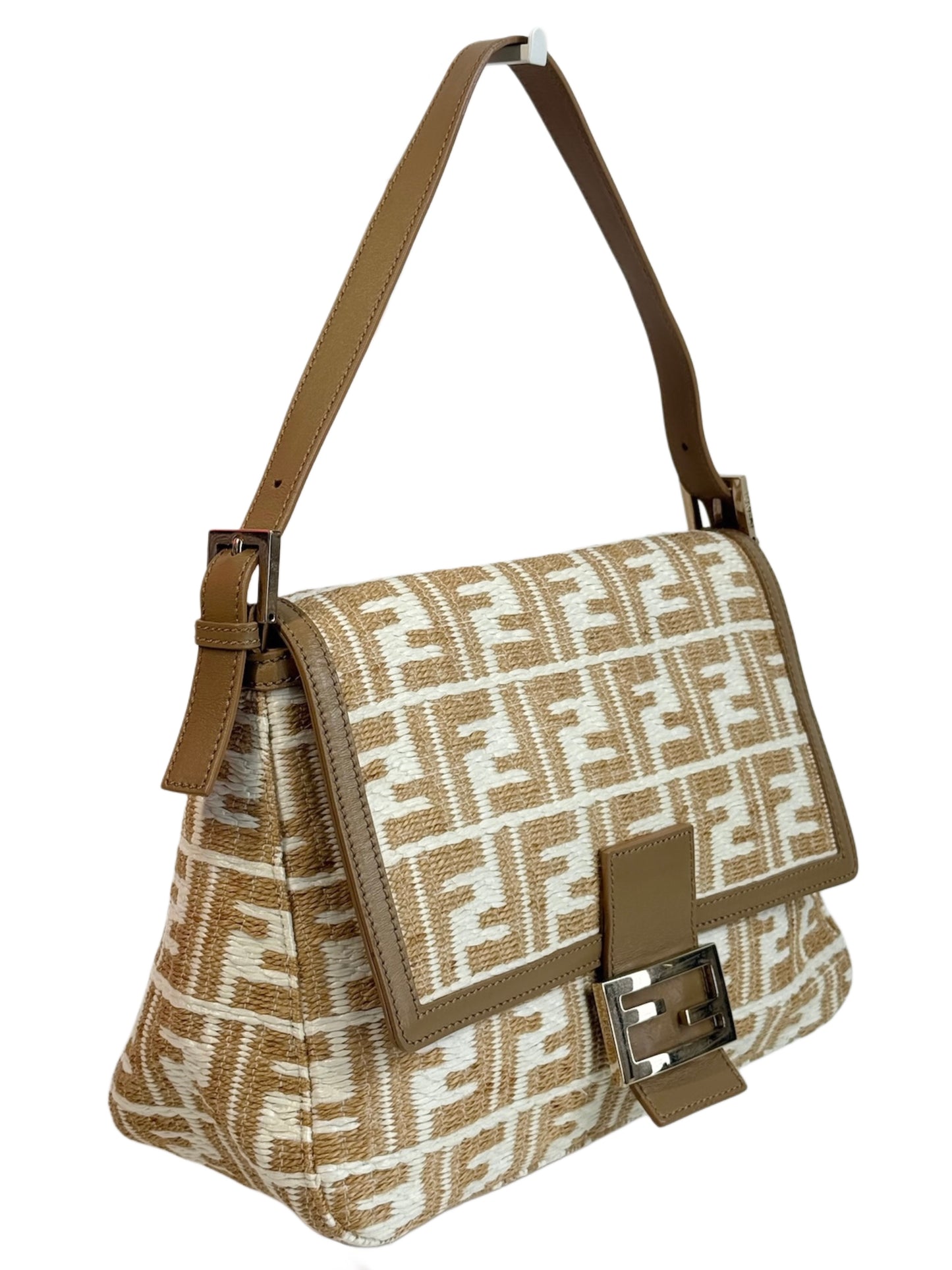 Fendi Vintage Beige & White Raffia Zucca Monogram Mamma Baguette Shoulder Bag