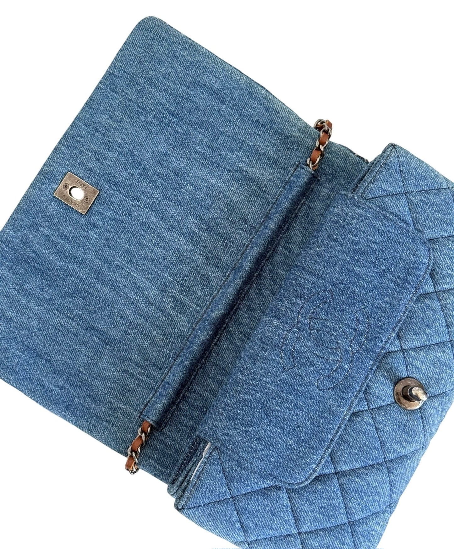 Chanel Blue Striped Denim Fringe Trim Full Flap Shoulder Crossbody Bag 