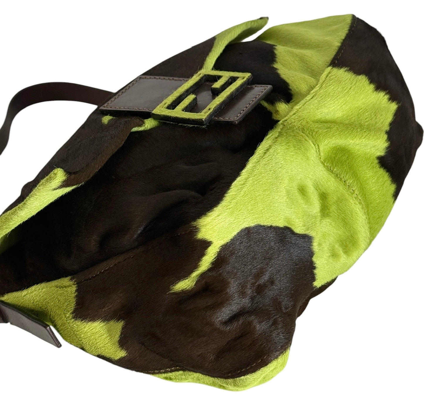 Fendi Vintage Green Pony Hair Cow Print Mamma Baguette Shoulder Bag 