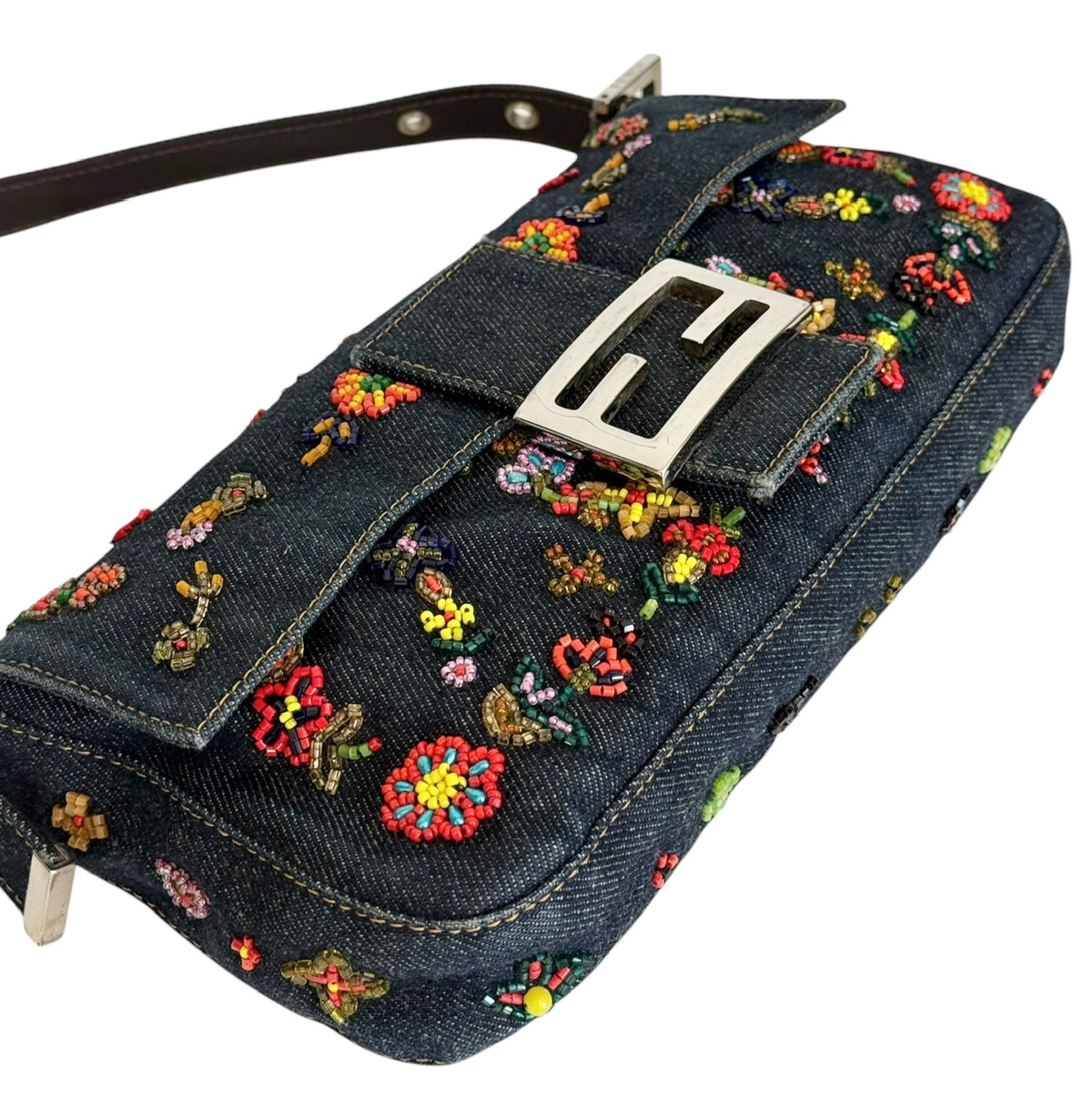 Fendi Vintage Blue Denim Floral Embroidered Beaded Shoulder Baguette Bag