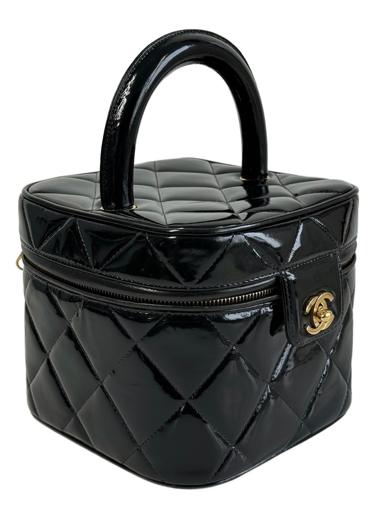 Chanel Vintage 1997 Black Quilted Patent Leather Turnlock Top Handle Vanity Bag w 24K GPHW