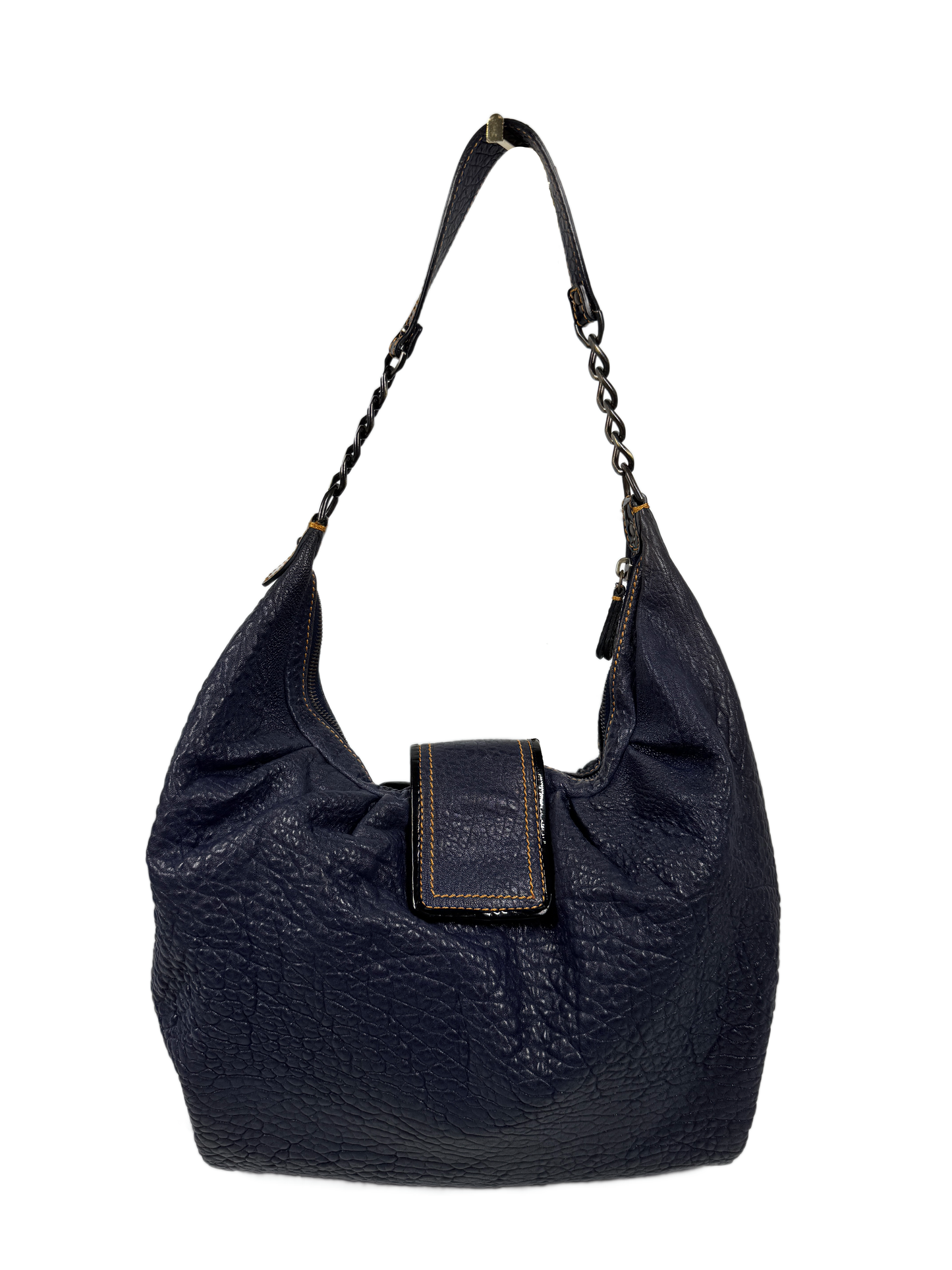 Fendi Vintage Navy Blue Leather & Black Patent Logo Buckle Large Hobo Shoulder Bag