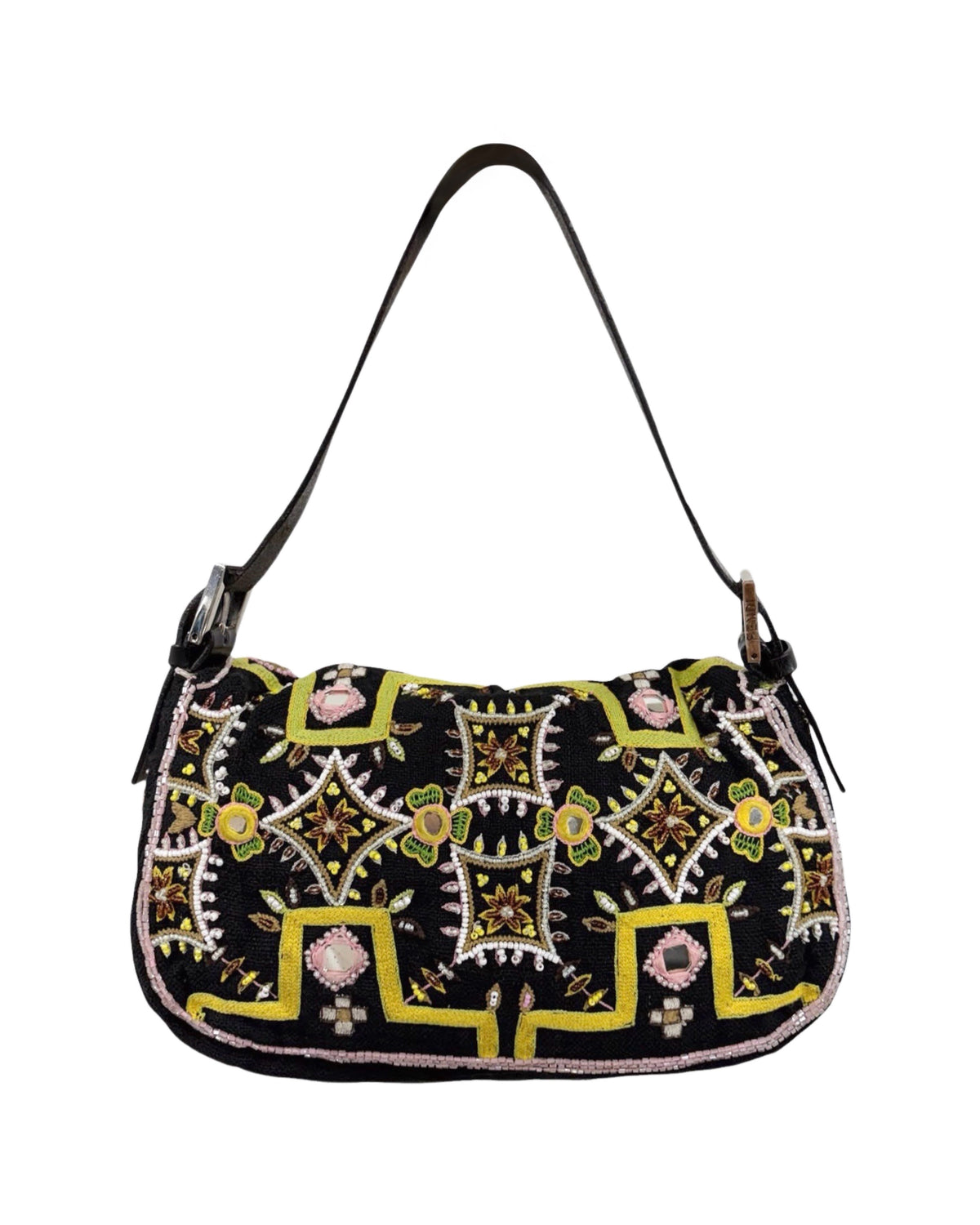 Fendi Vintage Late 90s Black Knit Embroidered Pink Beaded Green Fringe Embellished Shoulder Baguette Bag