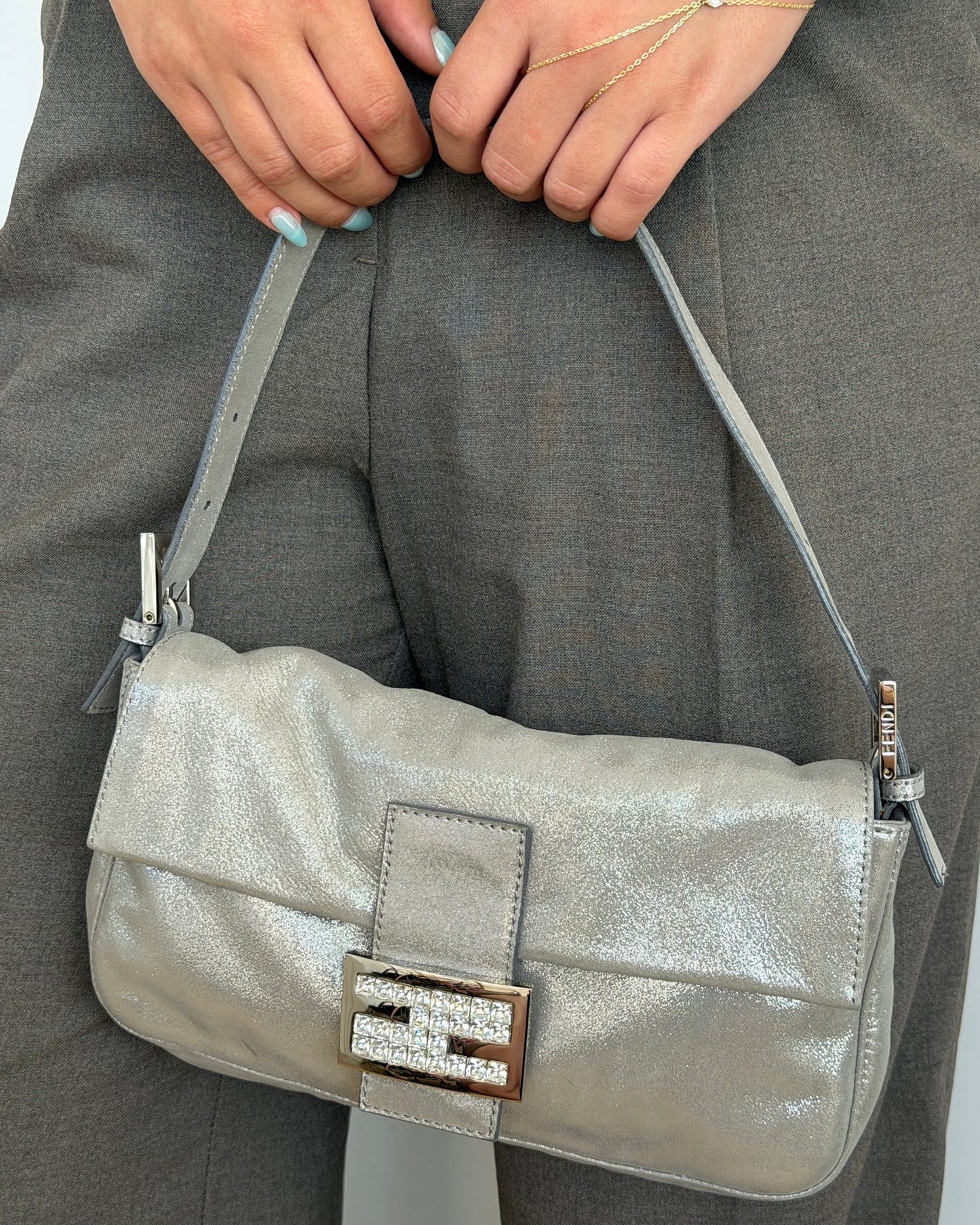 Fendi Vintage Metallic Silver Leather Crystal Logo Shoulder Baguette Bag