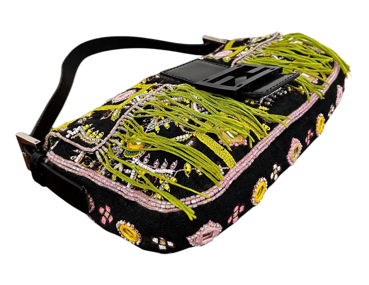 Fendi Vintage Black Knit Embroidered Pink Beaded Green Fringe Embellished Shoulder Baguette Bag