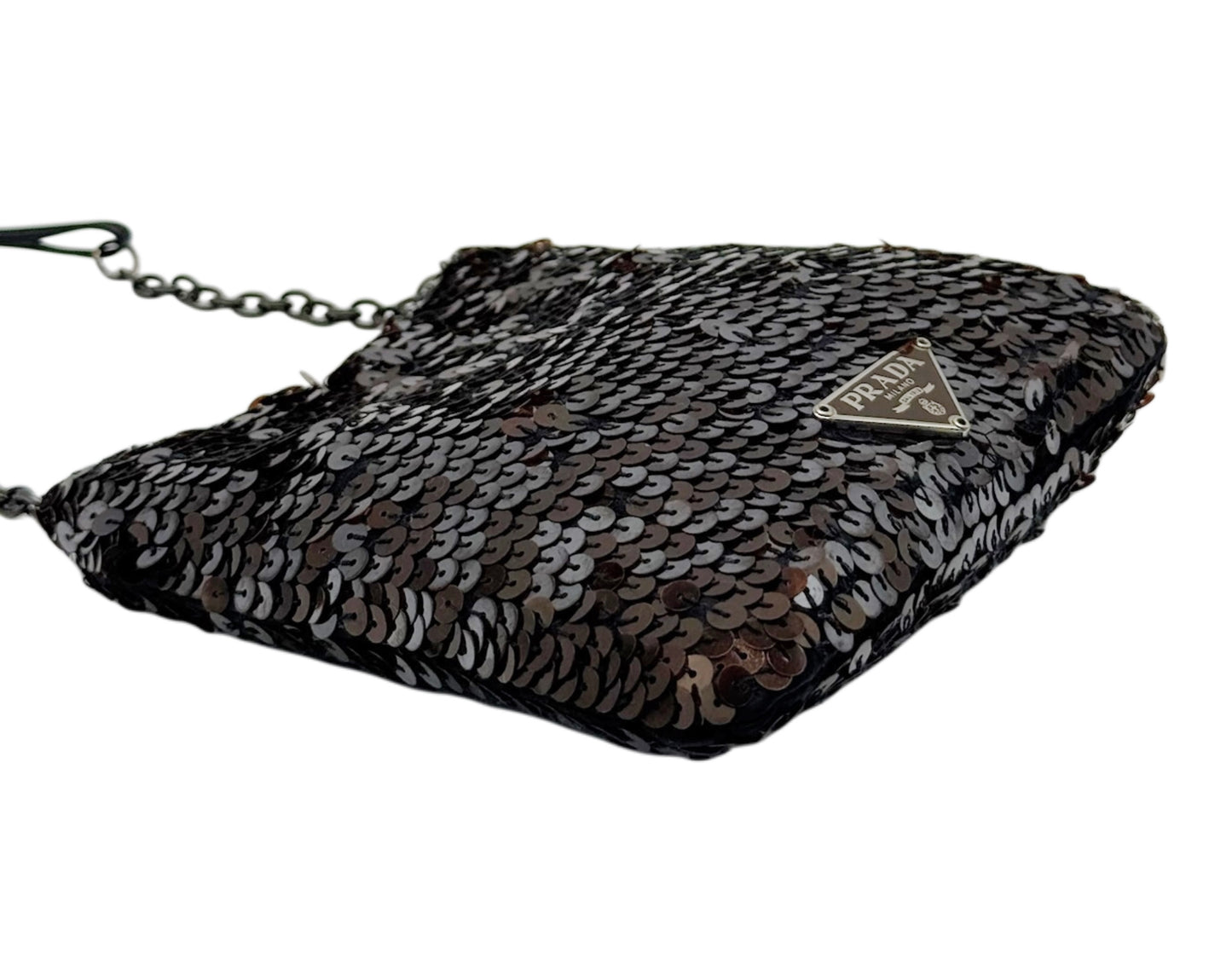 Prada Vintage Metallic Black Satin Sequin Micro Cleo Evening Mini Bag